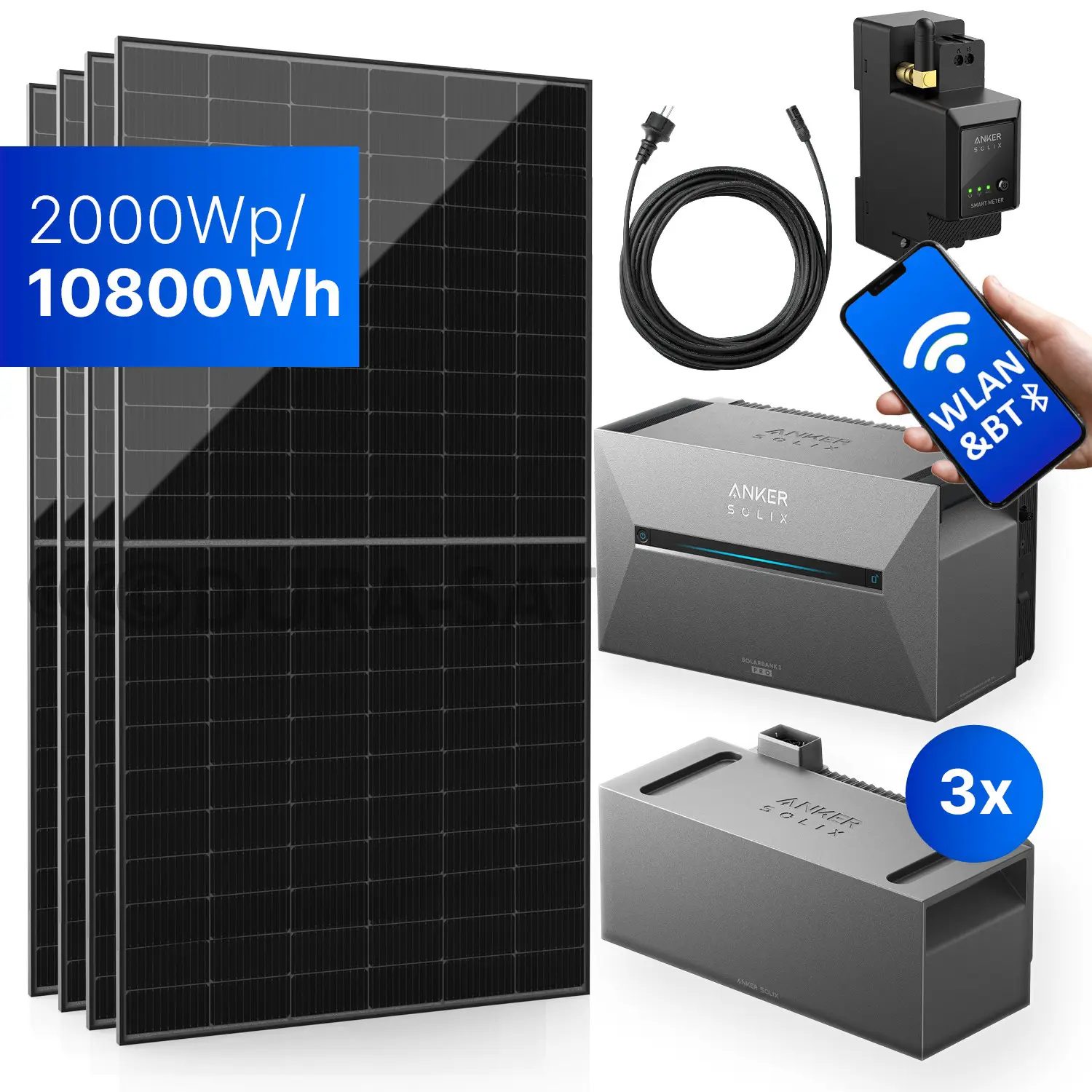 2000Wp Balkonkraftwerk mit Anker SOLIX Solarbank 3 E2700 PRO - 10800Wh - 4x500Wp
