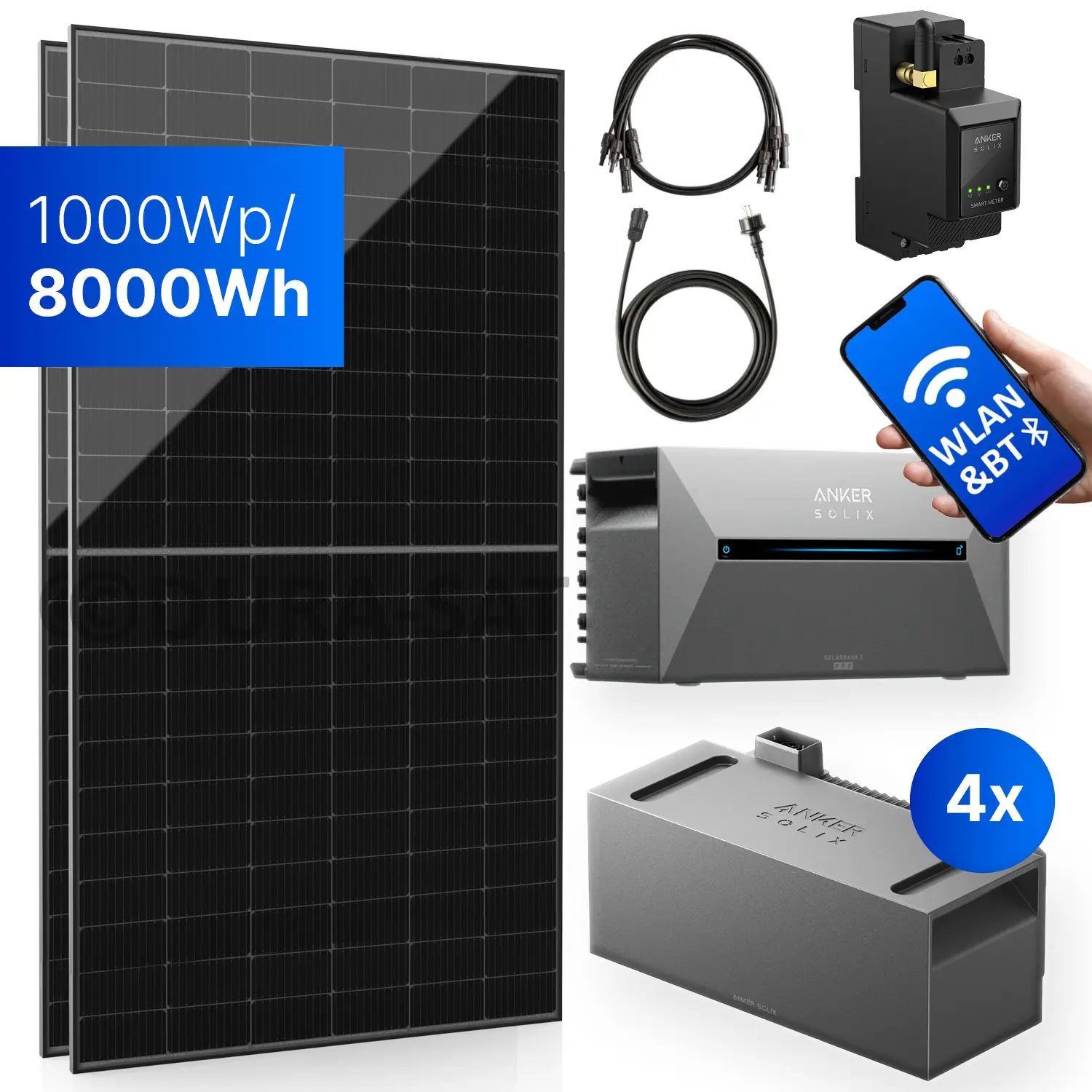 1000Wp Balkonkraftwerk mit Anker SOLIX Solarbank 2 E1600 PRO - 8kWh - 2x500Wp
