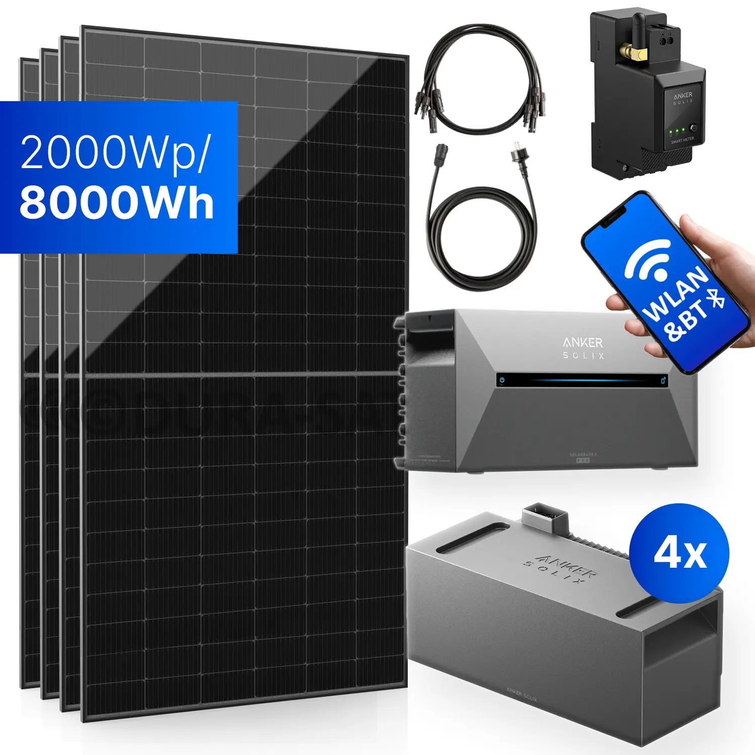 2000Wp Balkonkraftwerk mit Anker SOLIX Solarbank 2 E1600 PRO - 8kWh - 4x500Wp