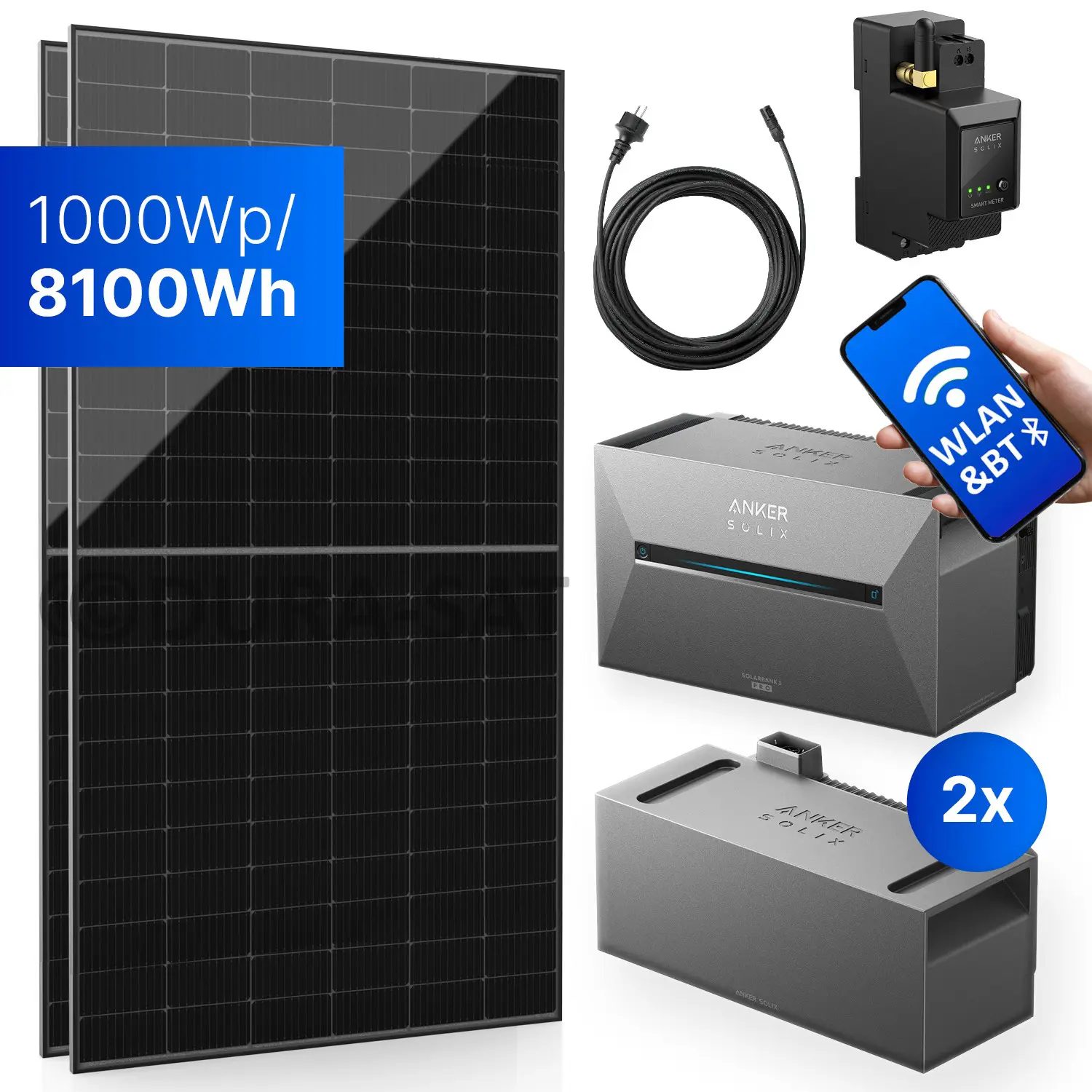 1000Wp Balkonkraftwerk mit Anker SOLIX Solarbank 3 E2700 PRO - 8100Wh - 2x500Wp