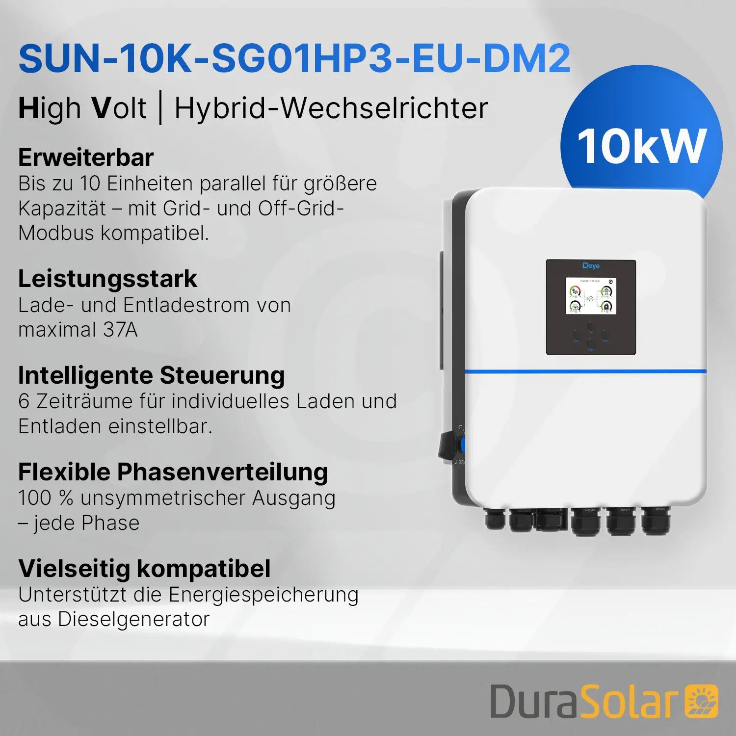 Deye 10kW - Hybrid-Wechselrichter - SUN-SG01HP3-EU-DM2 - Dreiphasig - 2/1+1MPPT - Hochspannungsserie