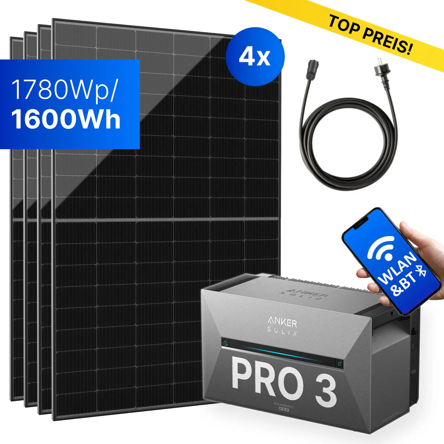 1820Wp Balkonkraftwerk mit Anker SOLIX Solarbank 3 E2700 PRO - XWh - 4x455Wp 