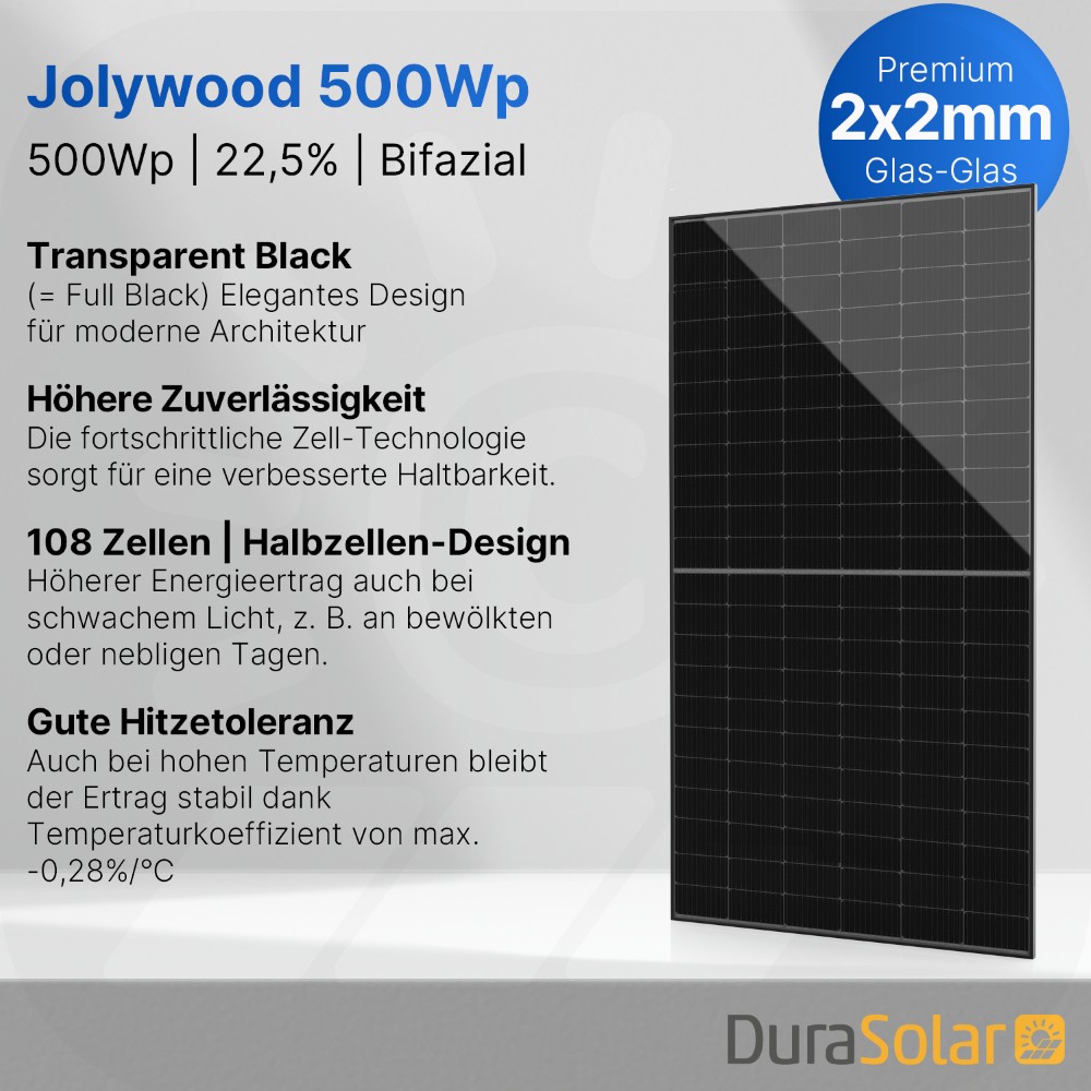 Jolywood 500W Transparent Black Glas-Glas Solarmodul – 108 Zellen – JW-HD108N-R2 – N-Type PV Modul