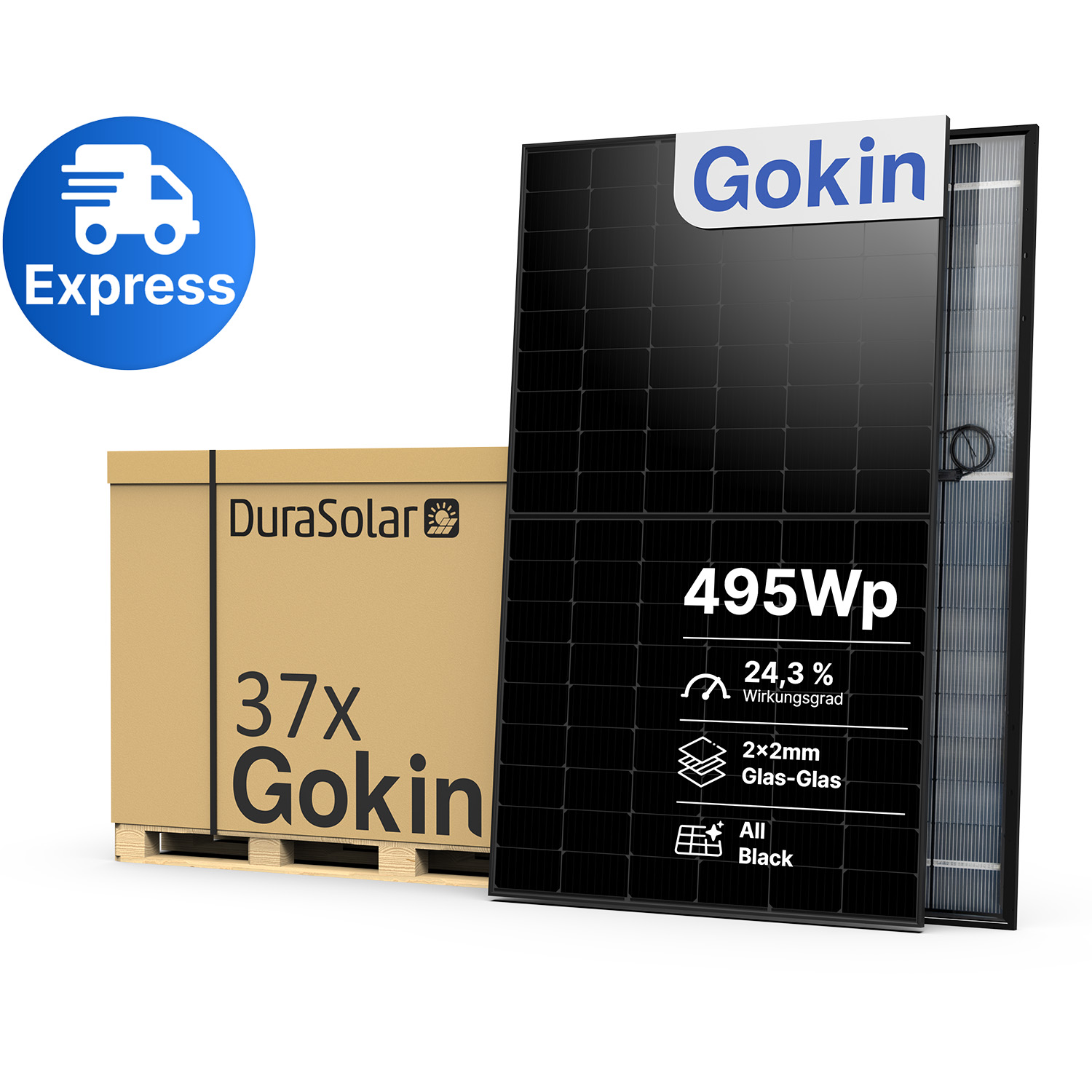 Gokin GK-3-54HGFDb 495W | Back Contact Full Black PV-Modul | Glas-Glas Solarmodul | Palettenpreis (37 Stk.) Gokin GK-3-54HGFDb 495W | Back Contact Full Black PV-Modul | Glas-Glas Solarmodul | Palettenpreis (37 Stk.)