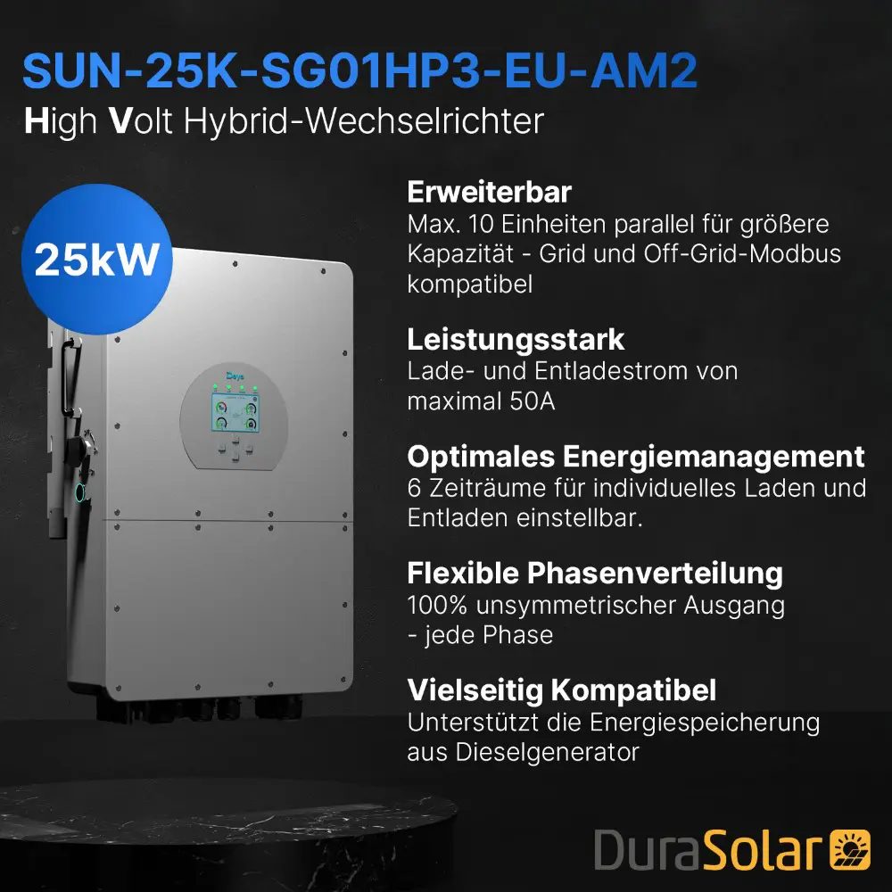 Deye SUN-25K-SG01HP3-EU-AM2 - Dreiphasig - 2/2+2 MPPT - Hybrid-Wechselrichter - Hochspannungsserie