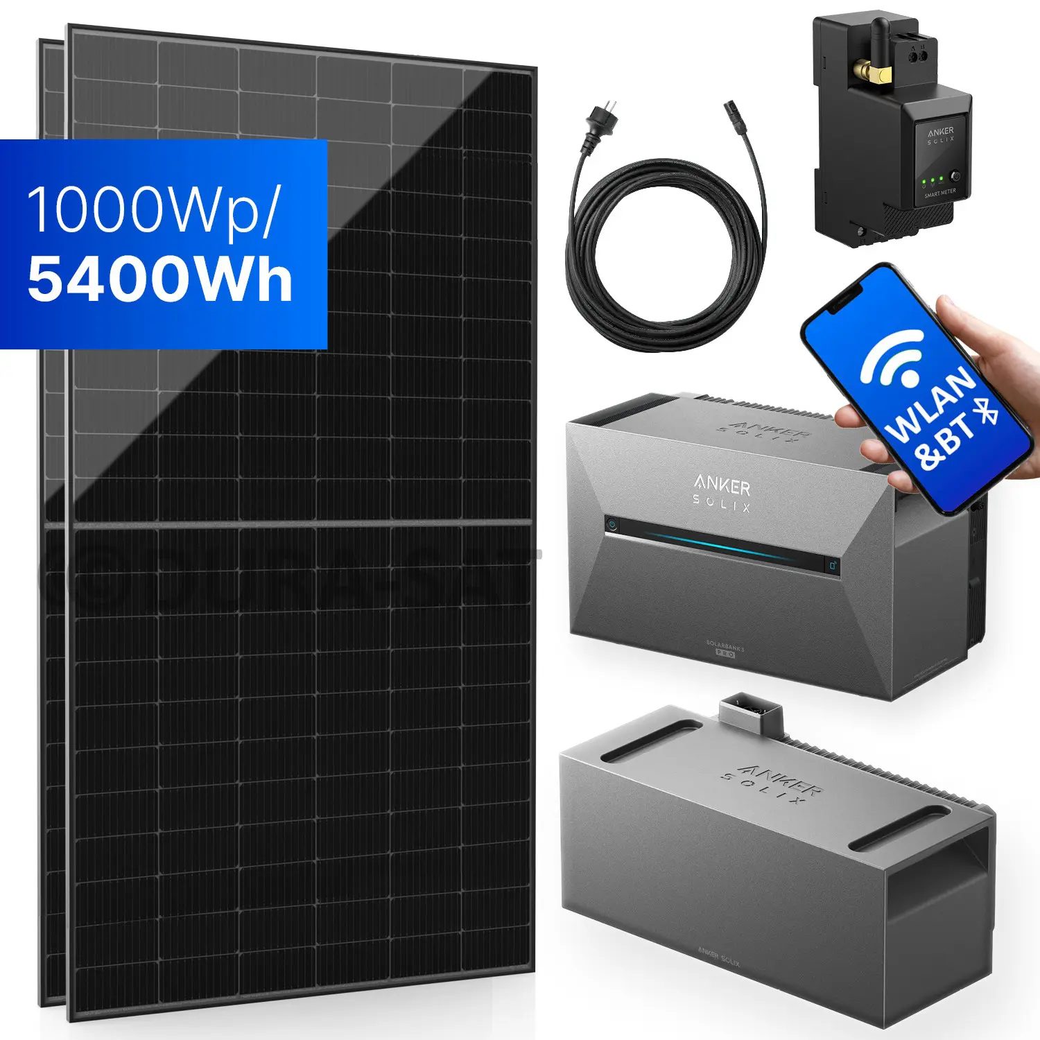 1000Wp Balkonkraftwerk mit Anker SOLIX Solarbank 3 E2700 PRO - 5400Wh - 2x500Wp