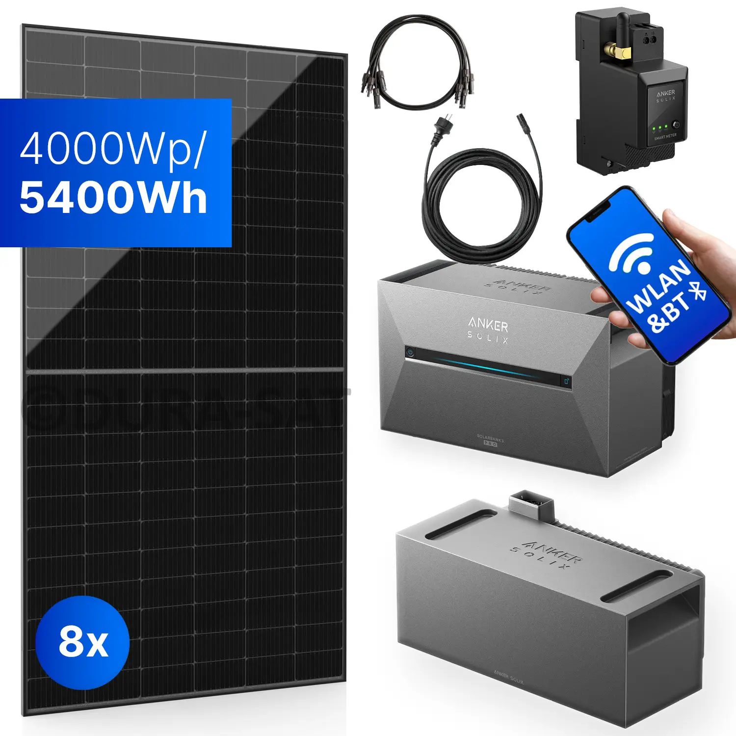 4000Wp Mini-PV-Anlage mit Anker SOLIX Solarbank 3 E2700 PRO - 5,4kWh - 8x500Wp 4000Wp Mini-PV-Anlage mit Anker SOLIX Solarbank 3 E2700 PRO - 5,4kWh - 8x500Wp