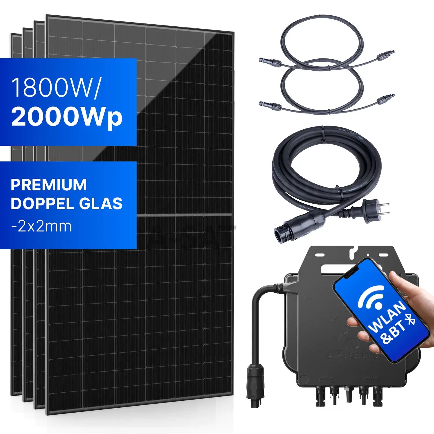 Balkonkraftwerk 1800W/2000Wp bifazial mit 3m Anschlusskabel Balkonkraftwerk 1800W/2000Wp bifazial mit 3m Anschlusskabel