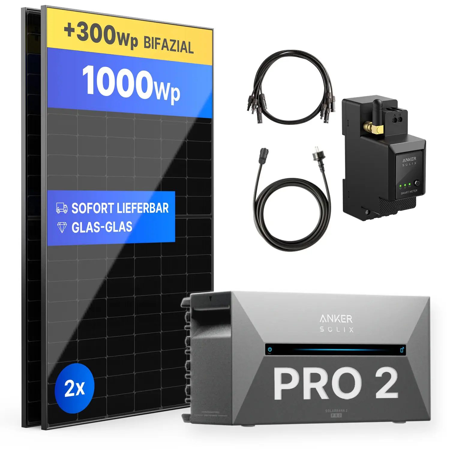 1000Wp Balkonkraftwerk mit Anker SOLIX Solarbank 2 E1600 PRO - XkWh - 2x500Wp
