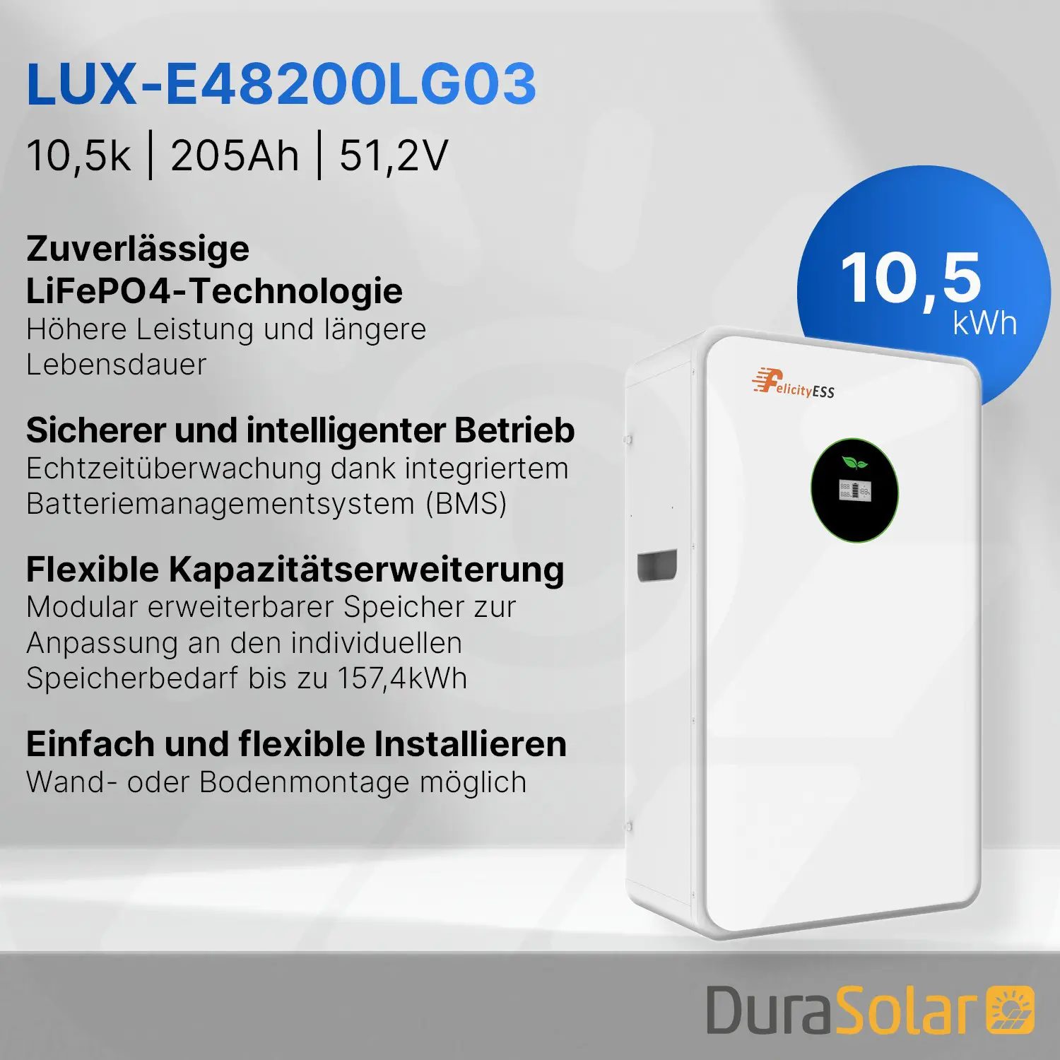 Felicity 10,5kWh PV-Speicher - LUX-E-48200LG03 - Erweiterbare 48/51,2V LiFePO4 Batterie für Solaranlagen Felicity 10,5kWh PV-Speicher - LUX-E-48200LG03 - Erweiterbare 48/51,2V LiFePO4 Batterie für Solaranlagen