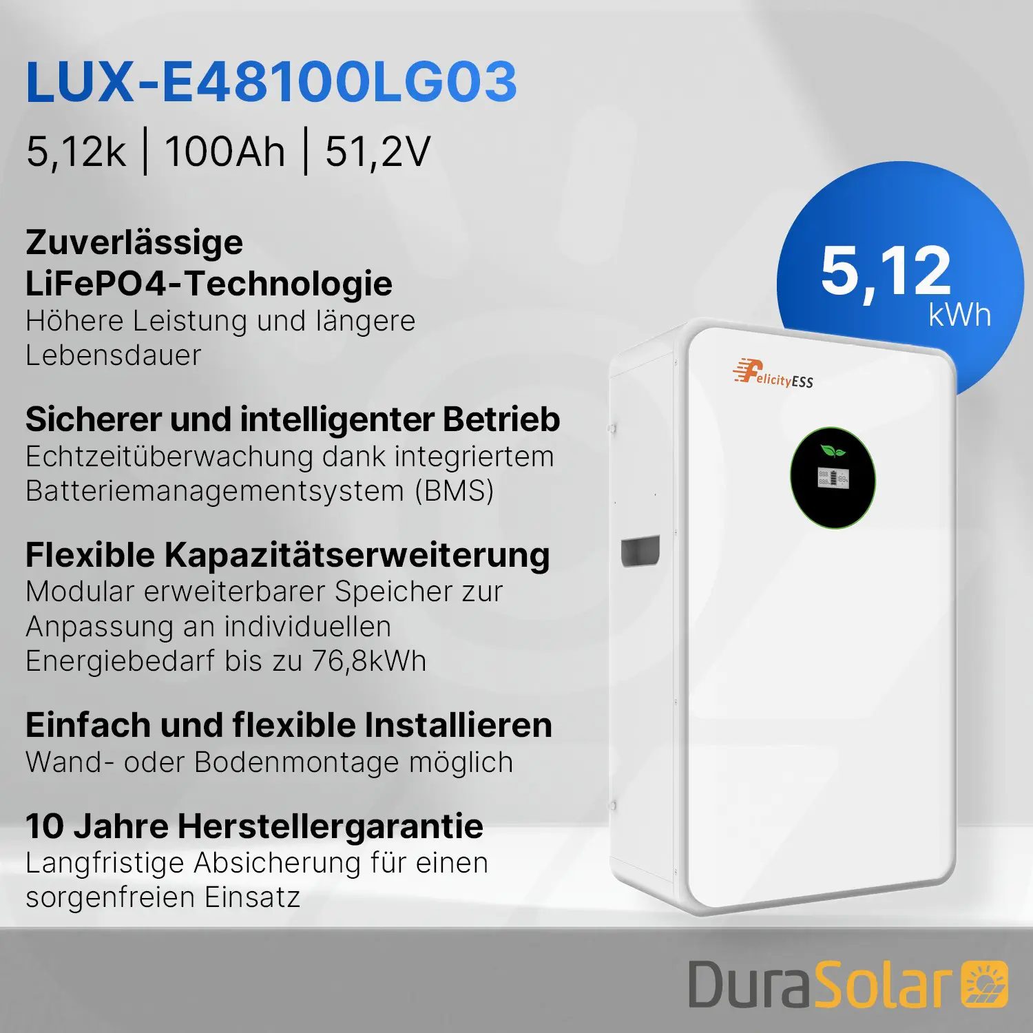 Felicity 5,12kWh PV-Speicher - LUX-E-48100LG03 - Erweiterbare 48/51,2V LiFePO4 Batterie für Solaranlagen Felicity 5,12kWh PV-Speicher - LUX-E-48100LG03 - Erweiterbare 48/51,2V LiFePO4 Batterie für Solaranlagen