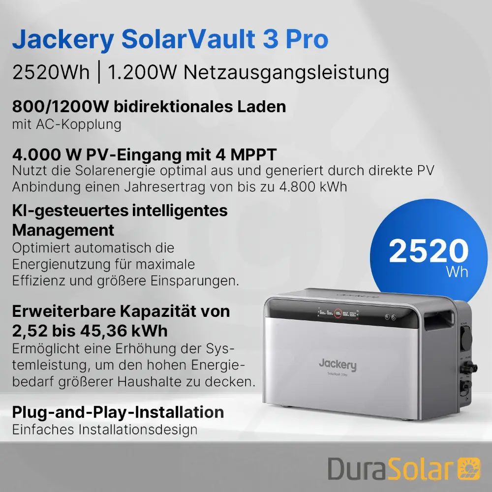 1000Wp Balkonkraftwerk mit Jackery SolarVault 3 Pro - 2,5kWh - 2x500Wp 1000Wp Balkonkraftwerk mit Jackery SolarVault 3 Pro - 2,5kWh - 2x500Wp