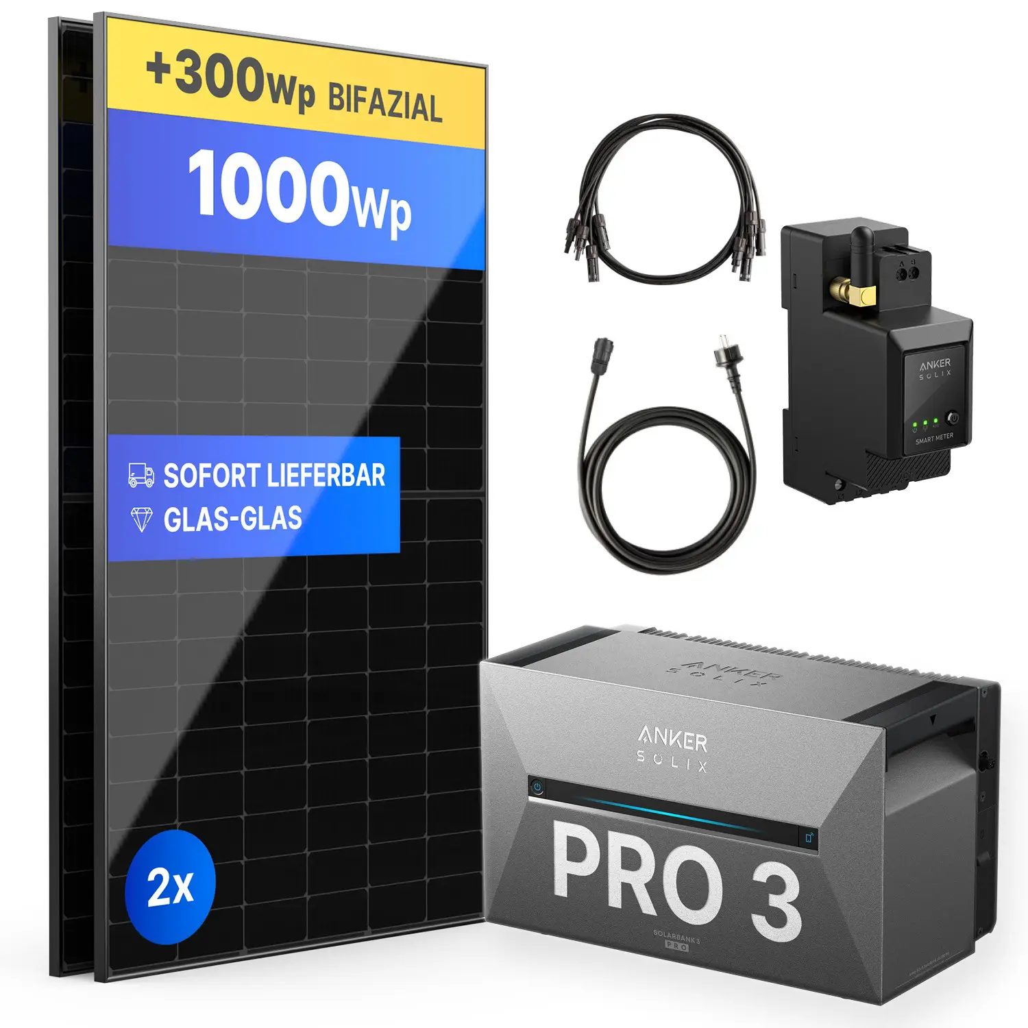 1000Wp Balkonkraftwerk mit Anker SOLIX Solarbank 3 E2700 PRO - XWh - 2x500Wp 