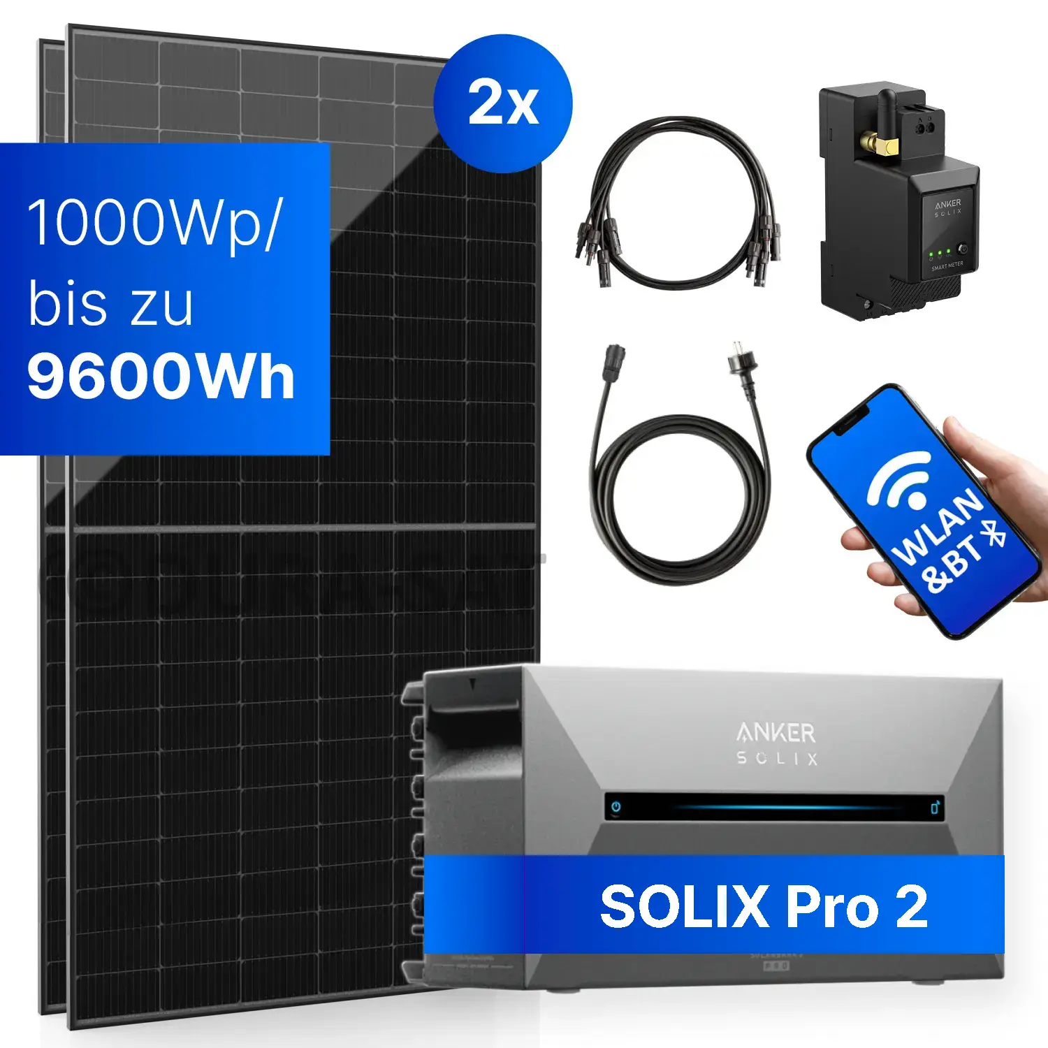 1000Wp Balkonkraftwerk mit Anker SOLIX Solarbank 2 E1600 PRO - XkWh - 2x500Wp 1000Wp Balkonkraftwerk mit Anker SOLIX Solarbank 2 E1600 PRO - XkWh - 2x500Wp