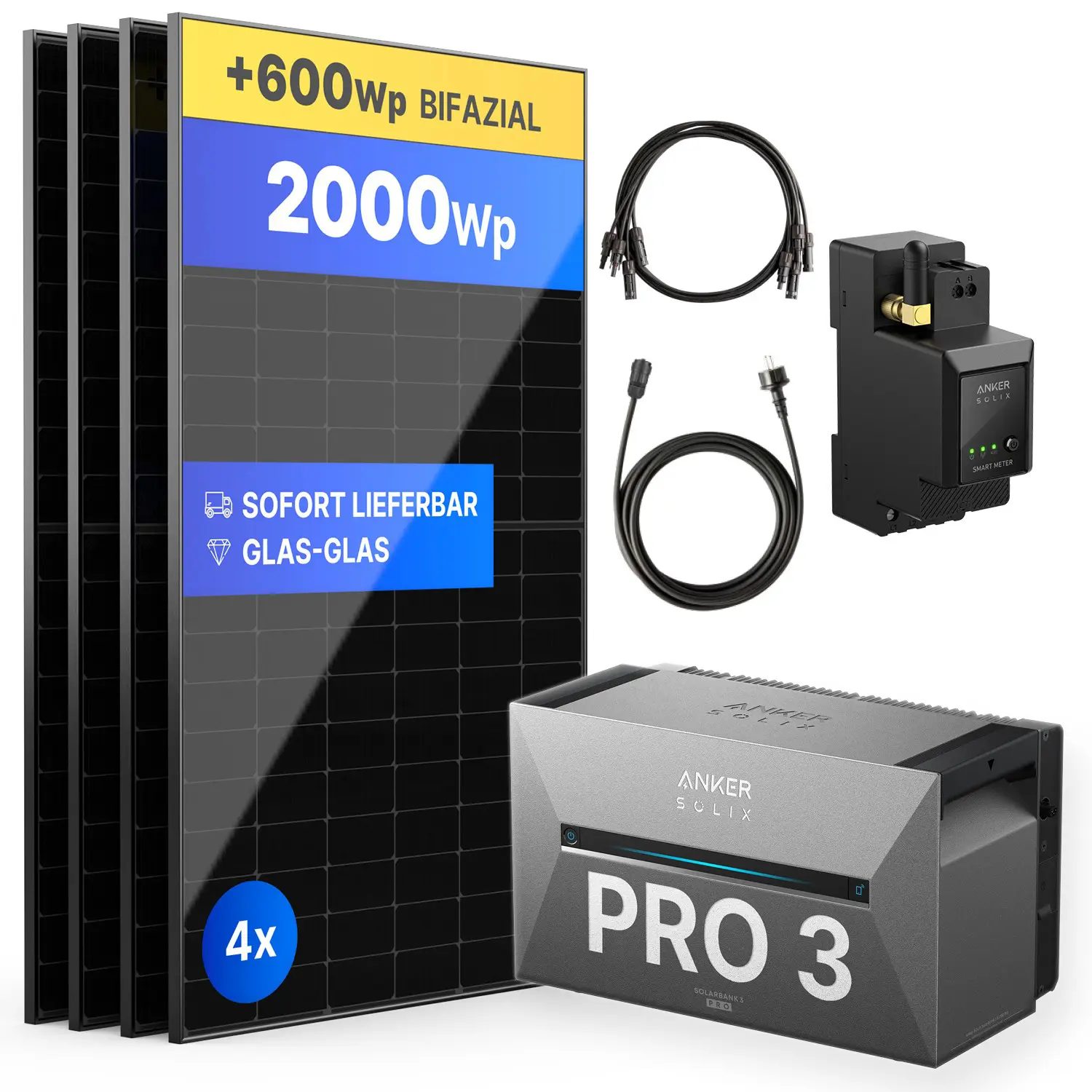 2000Wp Balkonkraftwerk mit Anker SOLIX Solarbank 3 E2700 PRO - XWh - 4x500Wp