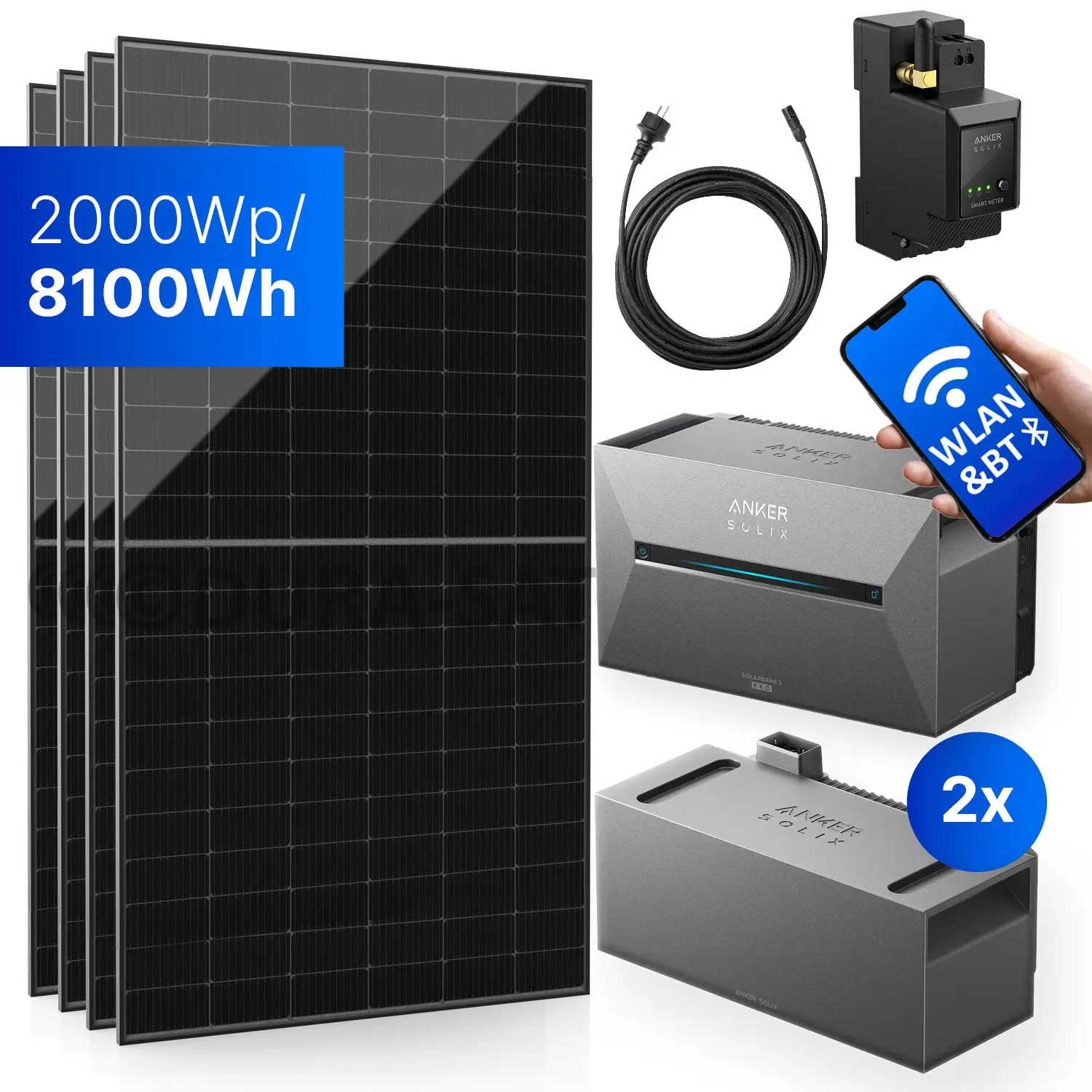 2000Wp Balkonkraftwerk mit Anker SOLIX Solarbank 3 E2700 PRO - 8100Wh - 4x500Wp