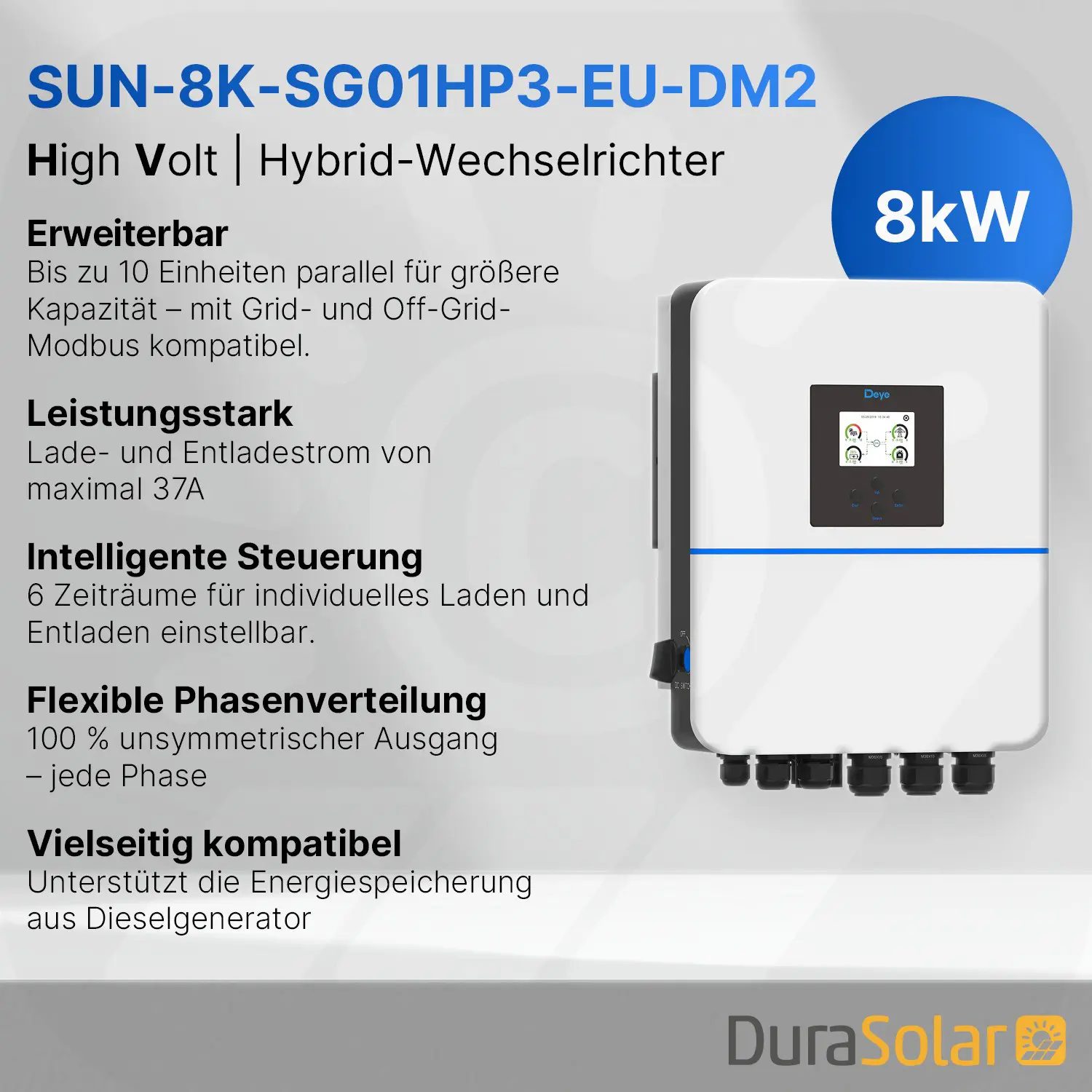 Deye 8kW - Hybrid-Wechselrichter - SUN-SG01HP3-EU-DM2 - Dreiphasig - 2/1+1MPPT - Hochspannungsserie
