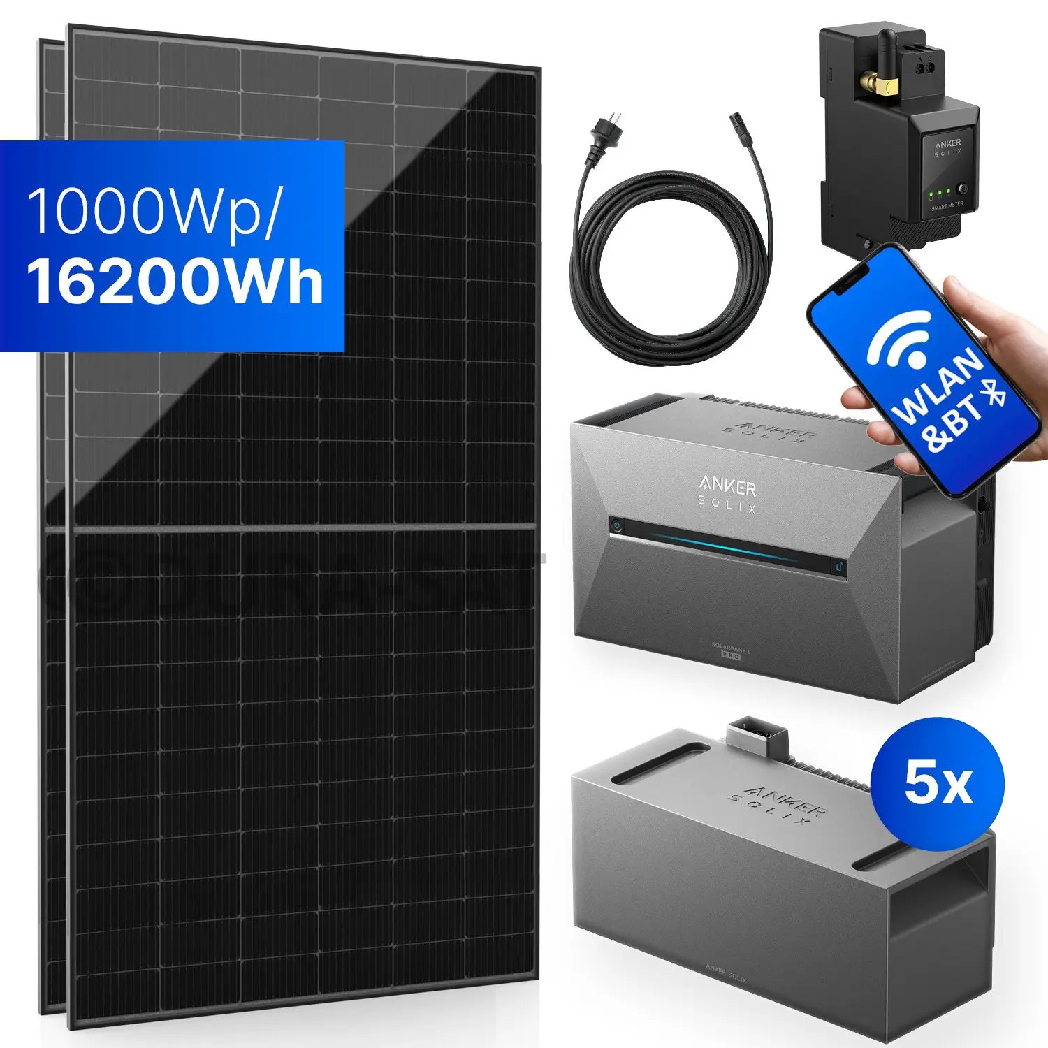 1000Wp Balkonkraftwerk mit Anker SOLIX Solarbank 3 E2700 PRO - 16200Wh - 2x500Wp