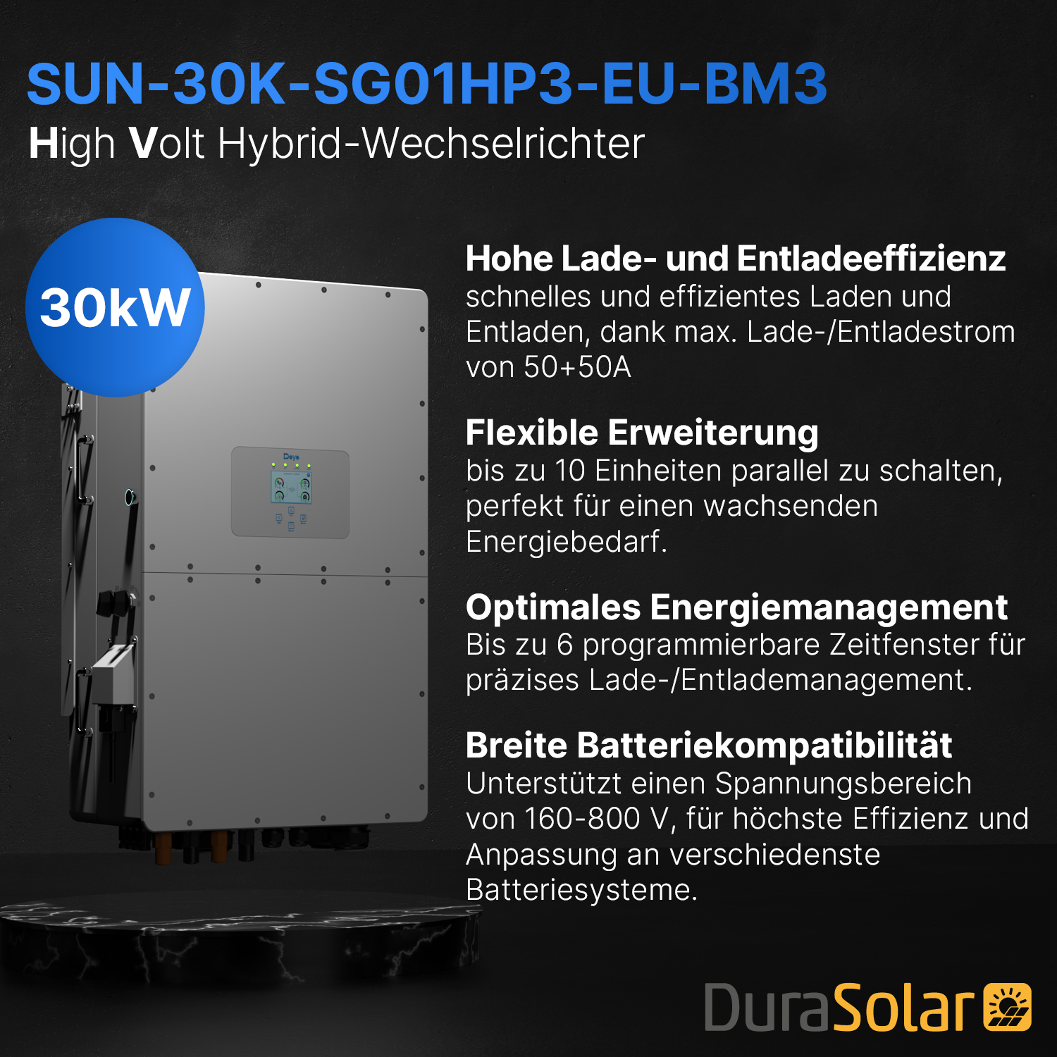Deye SUN-30K-SG01HP3-EU-BM3 - Dreiphasig - 3/2+2+2 MPPT - Hybrid-Wechselrichter - Hochspannungsserie
