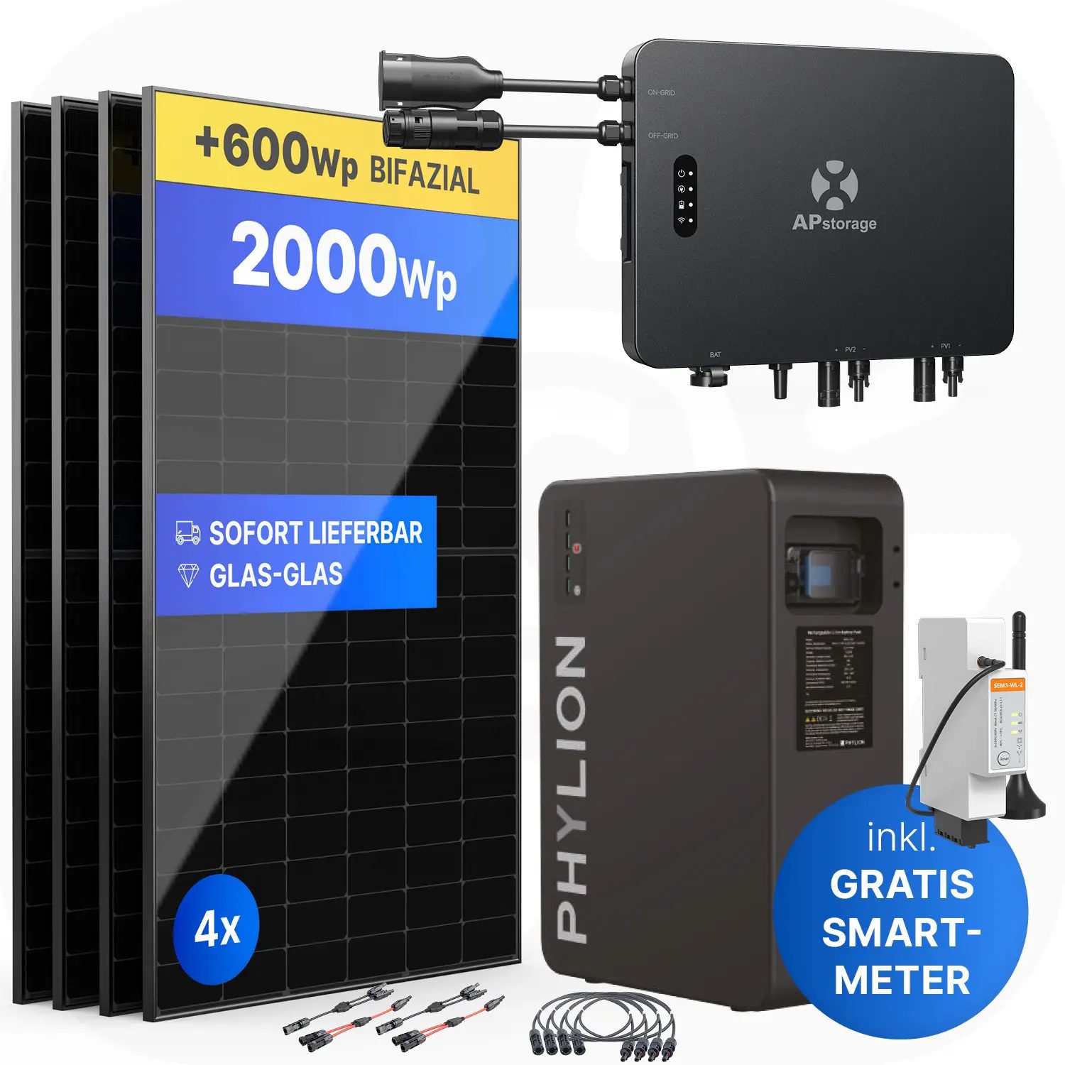 APsystems EZHI 2000Wp/2,76kWh - Balkonkraftwerk Speicher-Set | Phylion LiFePO4 Batteriespeicher & Jolywood 500Wp Module
