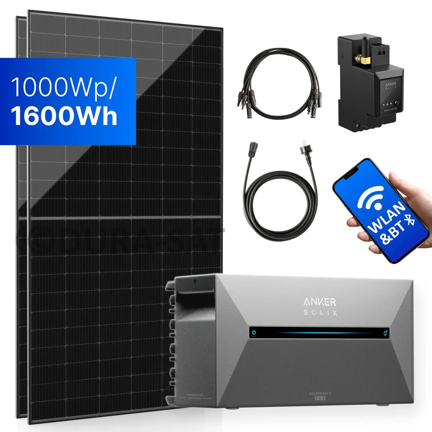 1000Wp Balkonkraftwerk mit Anker SOLIX Solarbank 2 E1600 PRO - 1,6kWh - 2x500Wp