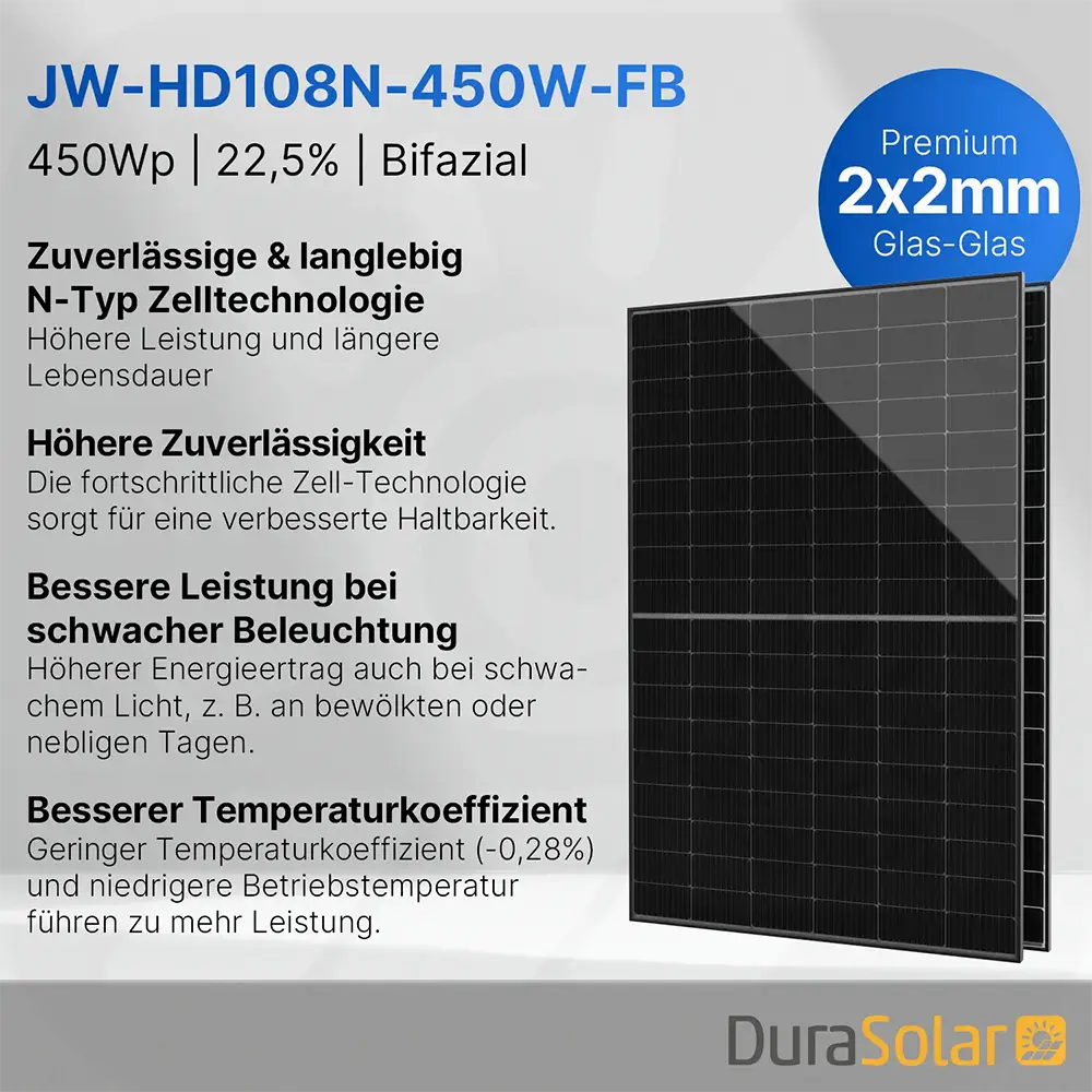 Jolywood 450W Bifazial 2x2mm Glas-Glas Full Black Modul JW-HD108N 450W - PV Solar Panel Jolywood 450W Bifazial 2x2mm Glas-Glas Full Black Modul JW-HD108N 450W - PV Solar Panel