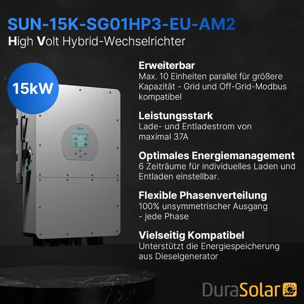 Deye SUN-15K-SG01HP3-EU-AM2 - Dreiphasig - 2/2+1 MPPT - Hybrid-Wechselrichter - Hochspannungsserie