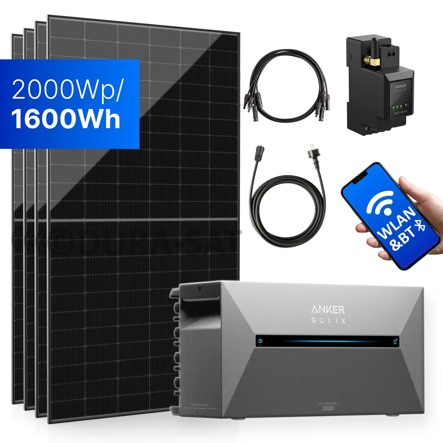 2000Wp Balkonkraftwerk mit Anker SOLIX Solarbank 2 E1600 PRO - 1,6kWh - 4x500Wp