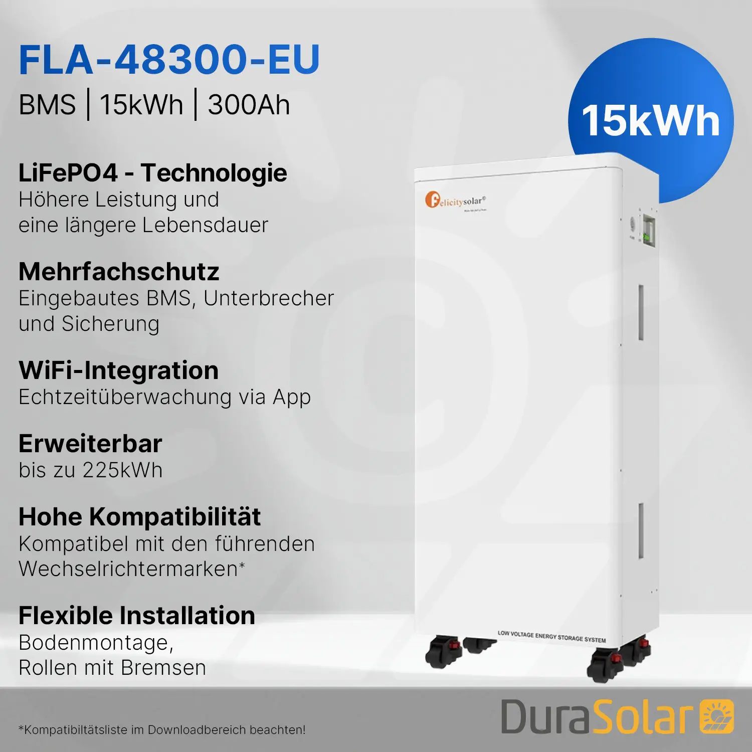 Felicity 15kWh Speicher | FLA48300-EU | LiFePO4 Lithium-Ionen-Akku | 51.2V | 300Ah 
