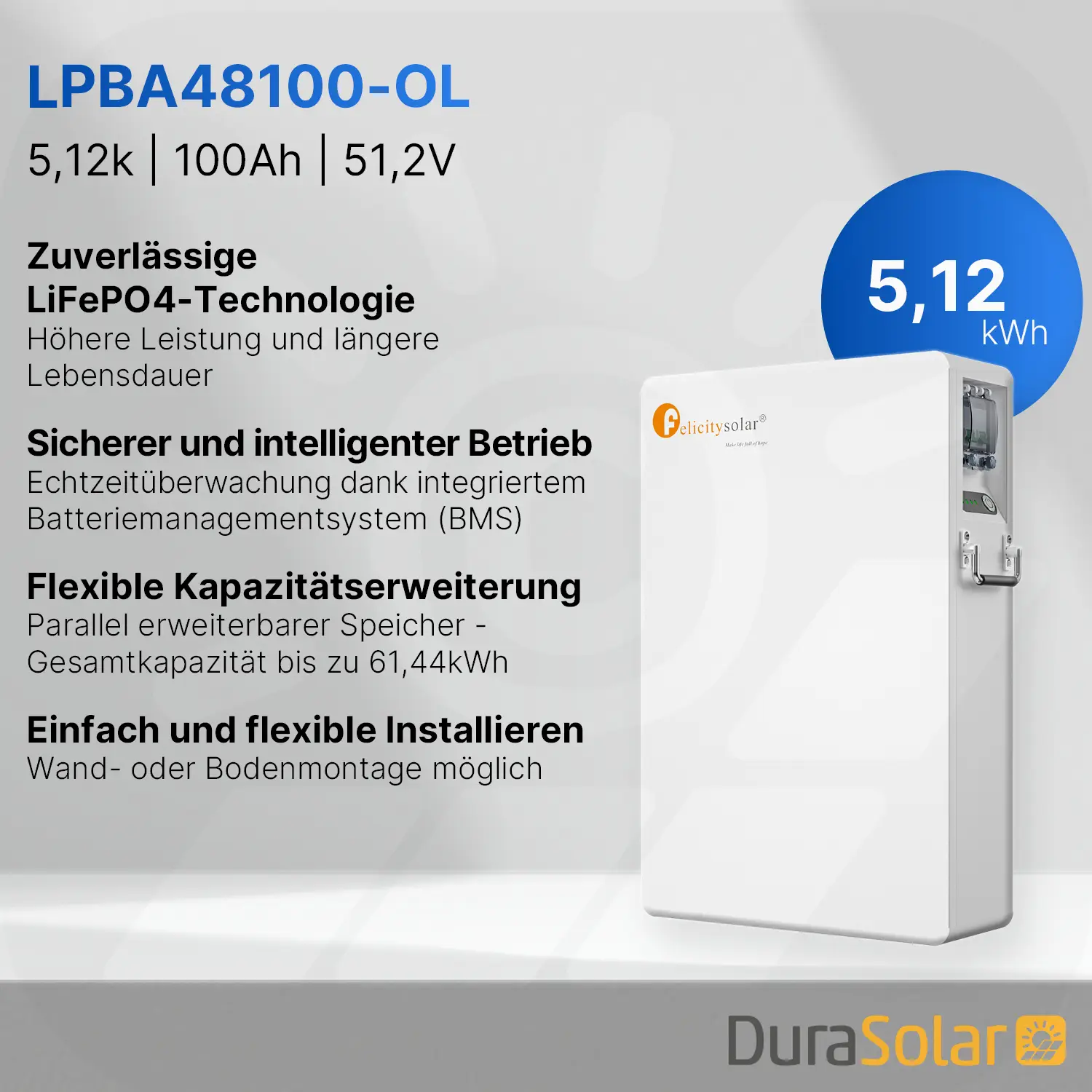 B-Ware: Felicity 5,12kWh PV-Speicher - LPBA48100-OL - Erweiterbare 48/51,2V LiFePO4 Batterie für Solaranlagen Kopie