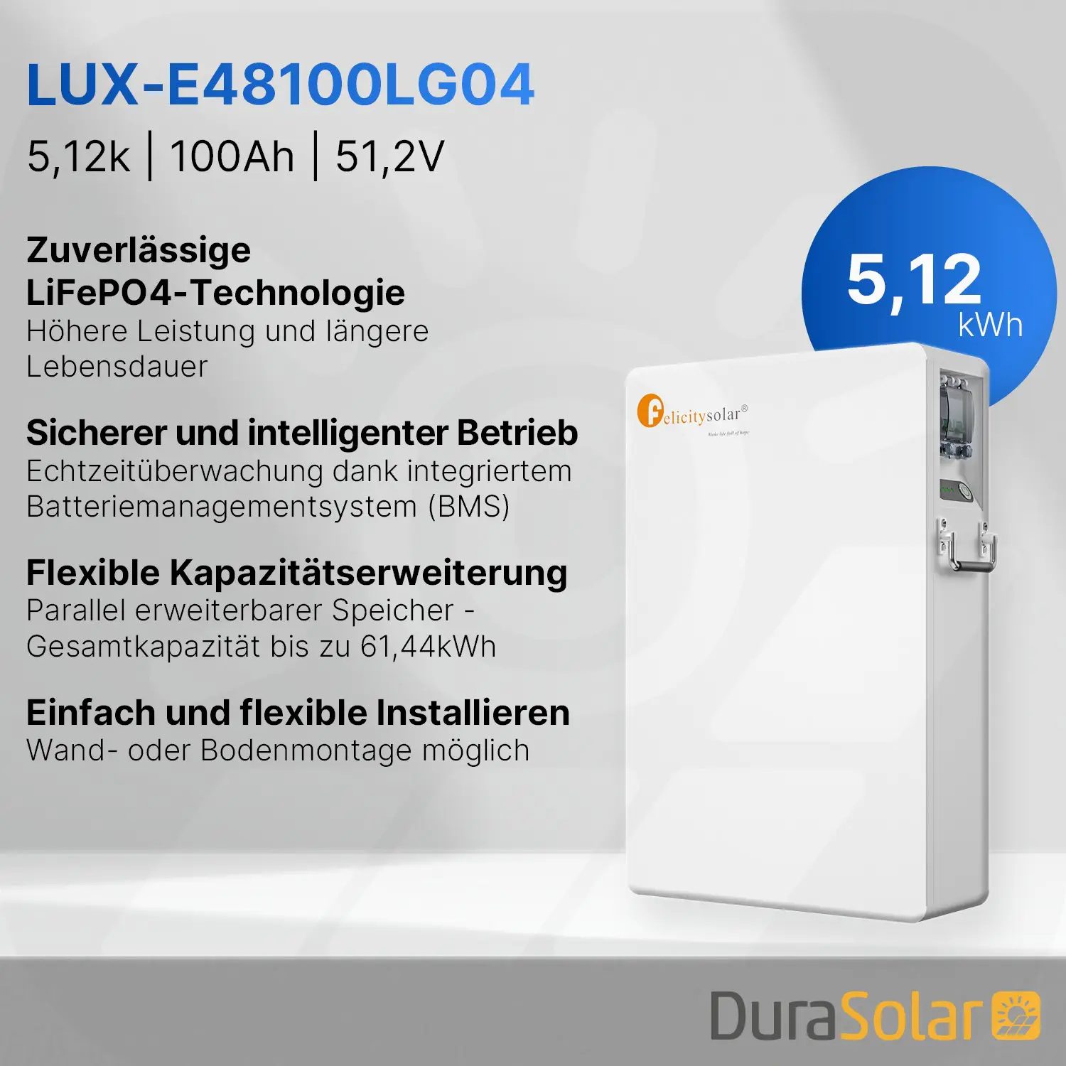 Felicity 5,12kWh PV-Speicher - LUX-E-48100LG04 - (LPBA48100-OL) - Erweiterbare 48/51,2V LiFePO4 Batterie für Solaranlagen Felicity 5,12kWh PV-Speicher - LUX-E-48100LG04 - (LPBA48100-OL) - Erweiterbare 48/51,2V LiFePO4 Batterie für Solaranlagen