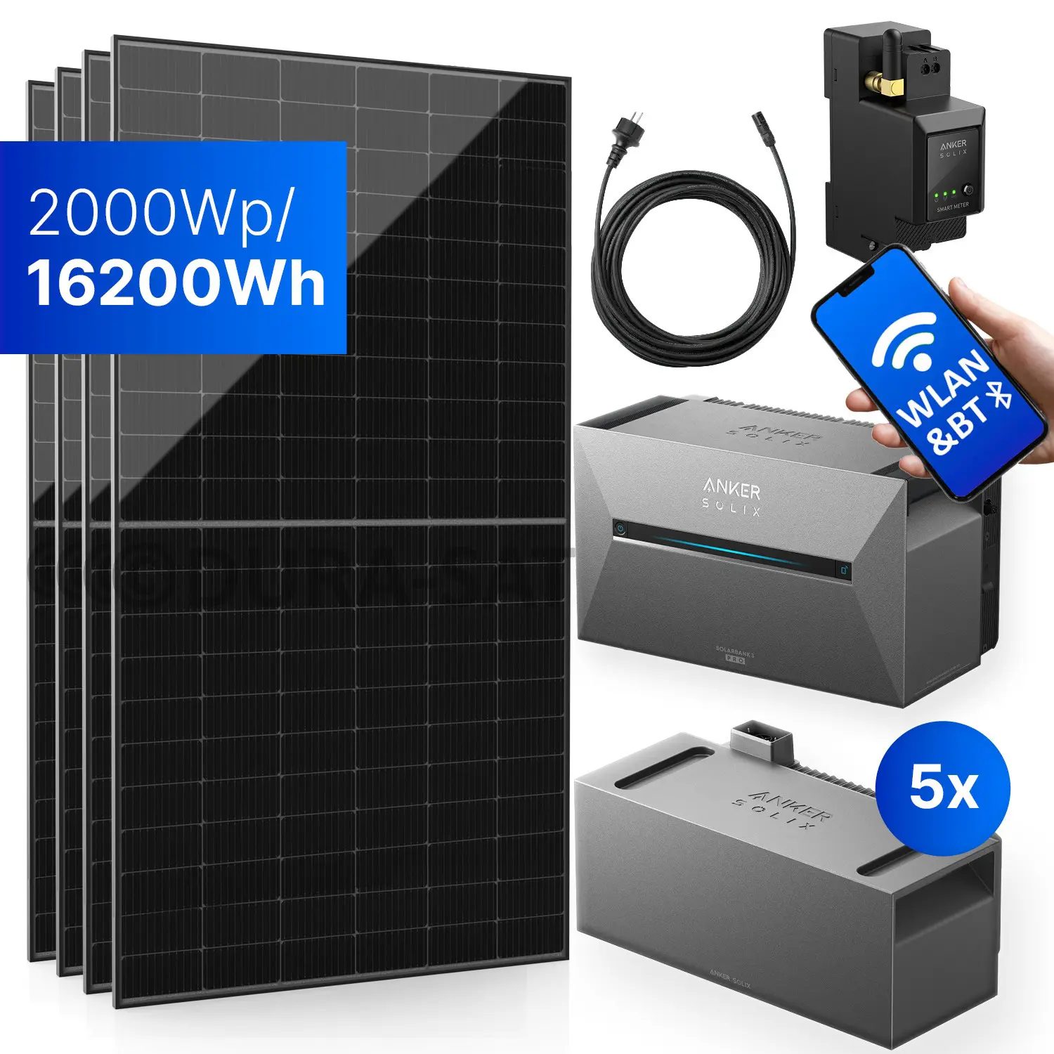 2000Wp Balkonkraftwerk mit Anker SOLIX Solarbank 3 E2700 PRO - 16200Wh - 4x500Wp