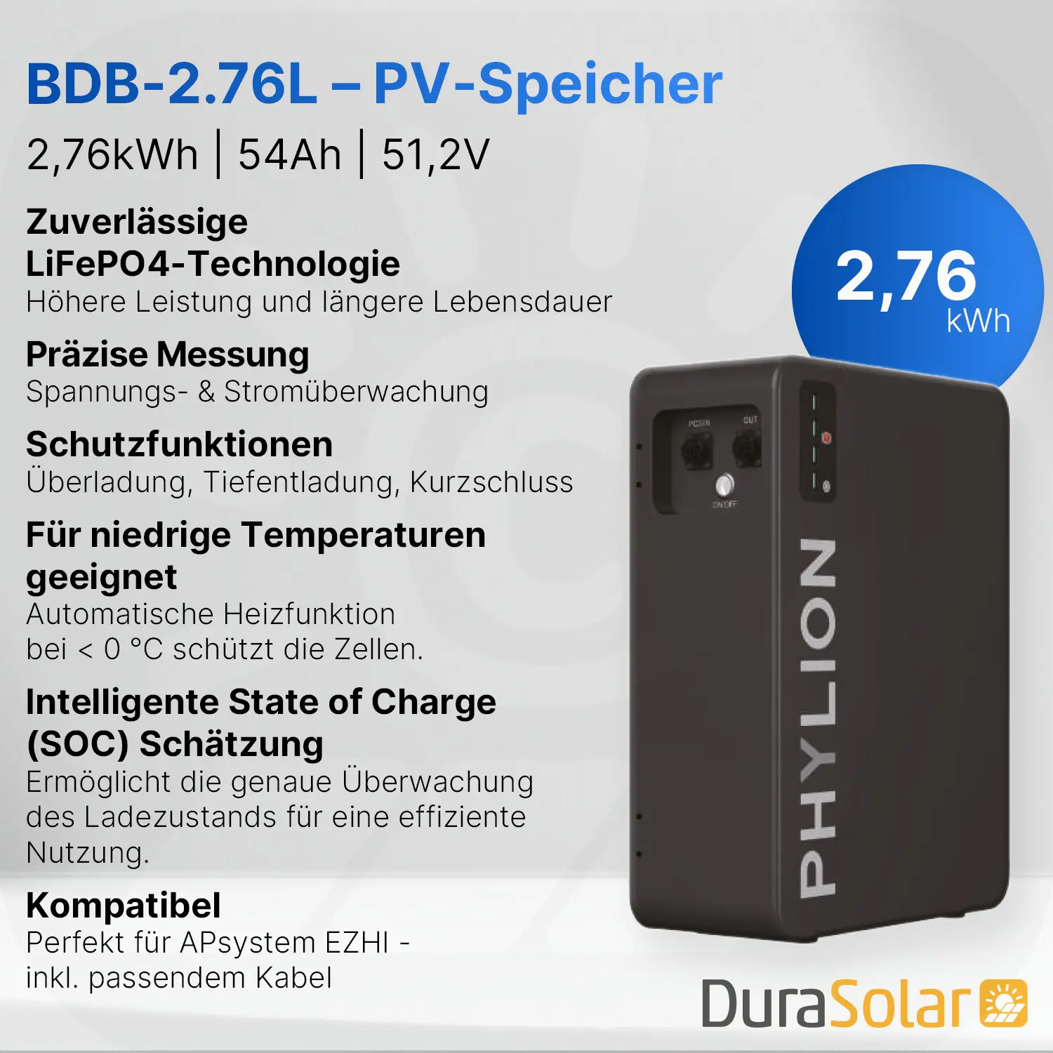 Phylion 2,76 kWh LiFePO4 Batteriespeicher – IP65 Außenspeicher mit Heizmatte, skalierbar für Balkonkraftwerke und PV-Anlagen