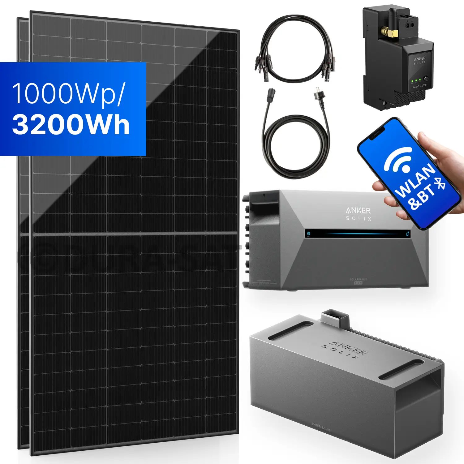 1000Wp Balkonkraftwerk mit Anker SOLIX Solarbank 2 E1600 PRO - 3,2kWh - 2x500Wp