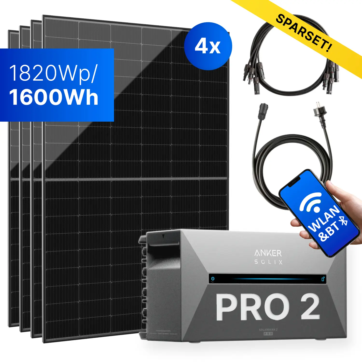 1820Wp Balkonkraftwerk mit Anker SOLIX Solarbank 2 E1600 PRO - 1,6kWh - 4x455Wp