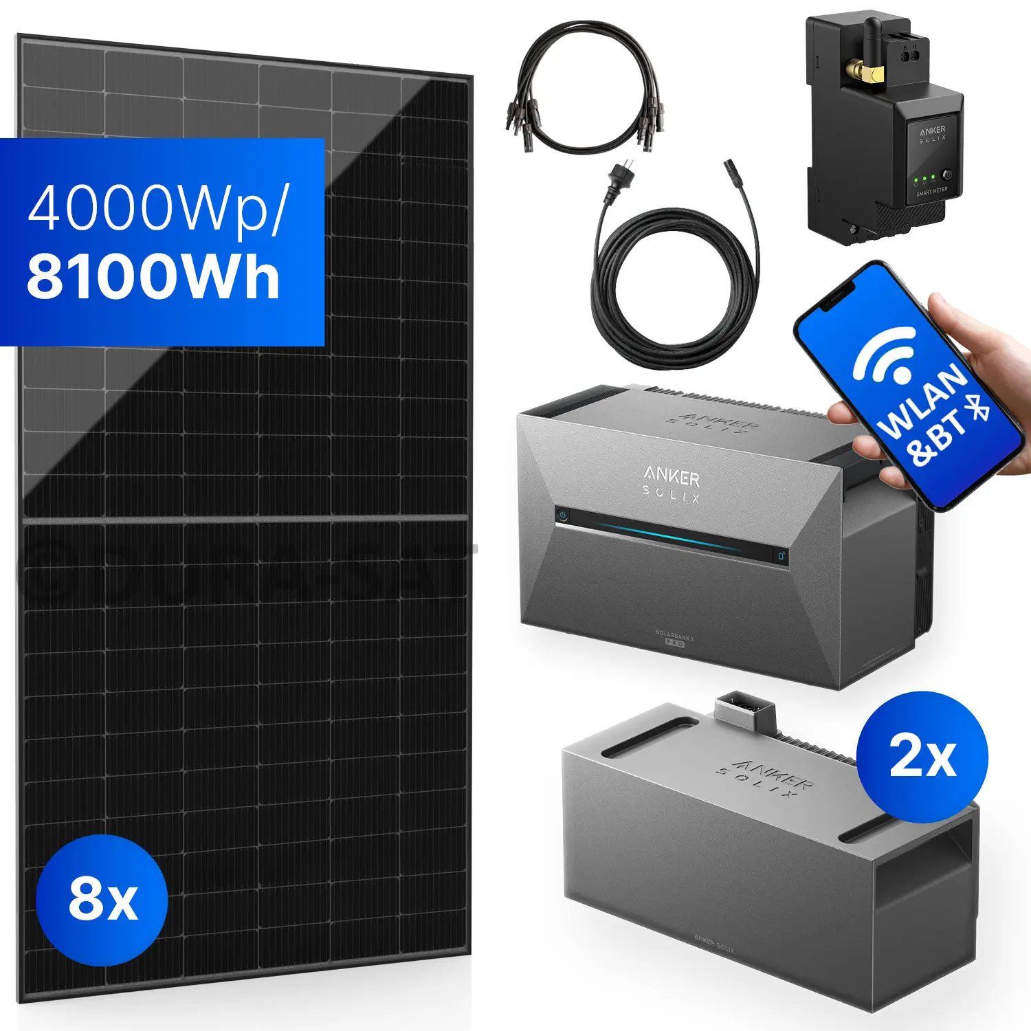 4000Wp Mini-PV-Anlage mit Anker SOLIX Solarbank 3 E2700 PRO - 8,1kWh - 8x500Wp 