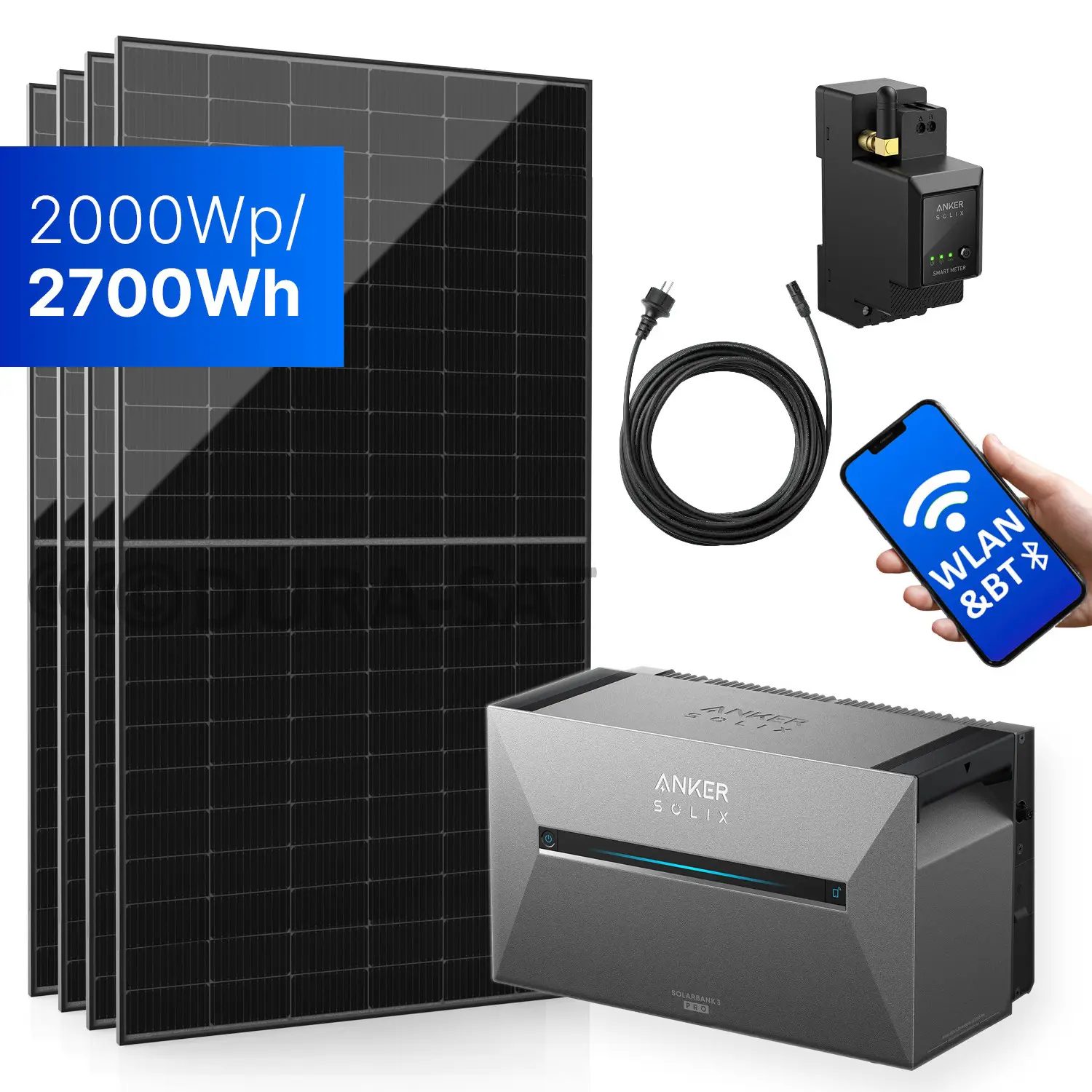 2000Wp Balkonkraftwerk mit Anker SOLIX Solarbank 3 E2700 PRO - 2700Wh - 4x500Wp