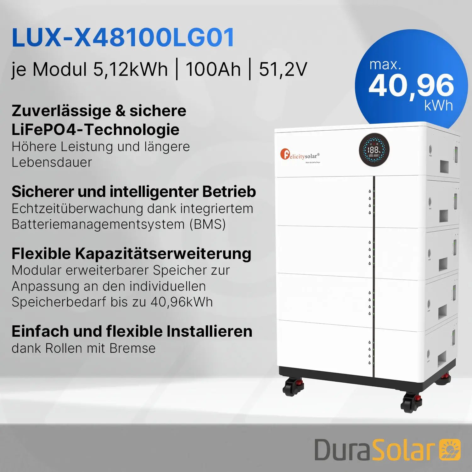 Felicity 25,6kWh PV-Speicher - LUX-X-48100LCG01 - Erweiterbare 48/51,2V LiFePO4 Batterie für Solaranlagen