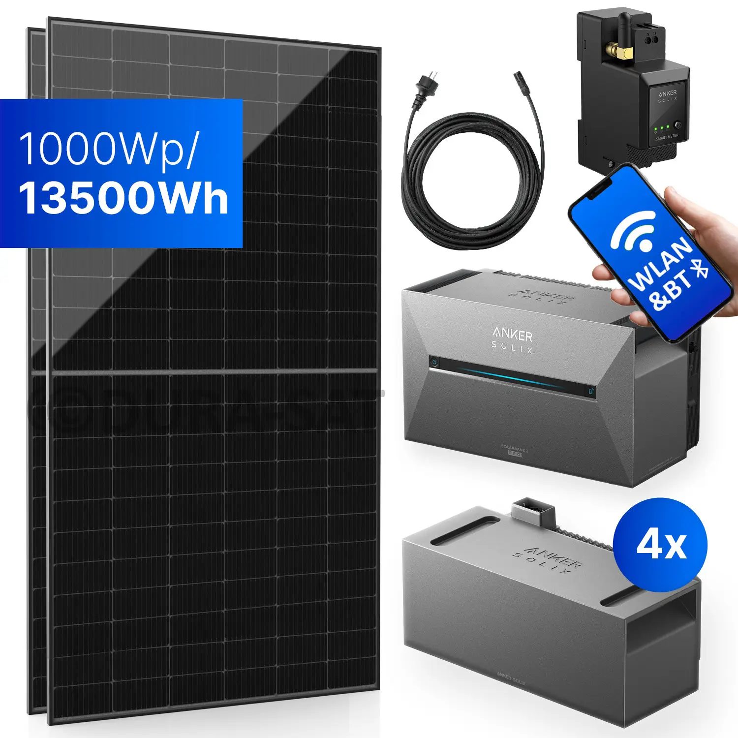 1000Wp Balkonkraftwerk mit Anker SOLIX Solarbank 3 E2700 PRO - 13500Wh - 2x500Wp