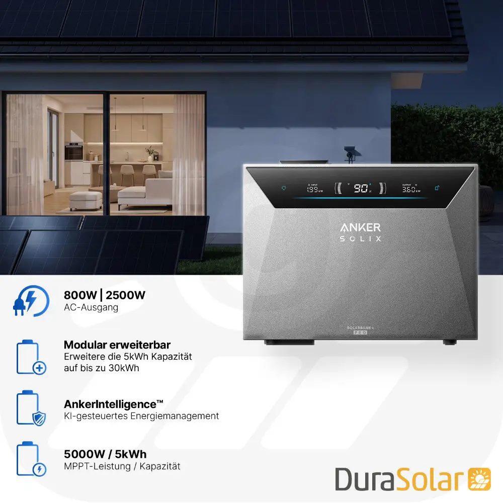 4000Wp Mini-PV-Anlage mit Anker SOLIX Solarbank 4 E5000 Pro - 5kWh - 8x500Wp 