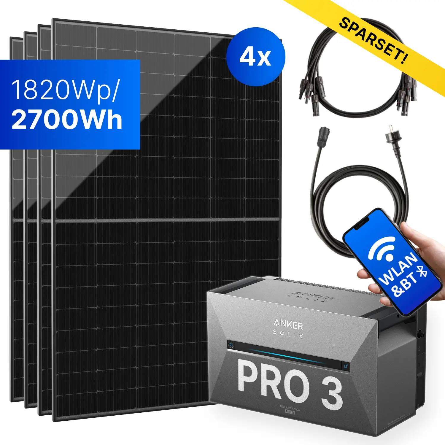 1820Wp Balkonkraftwerk mit Anker SOLIX Solarbank 3 E2700 PRO - XWh - 4x455Wp 