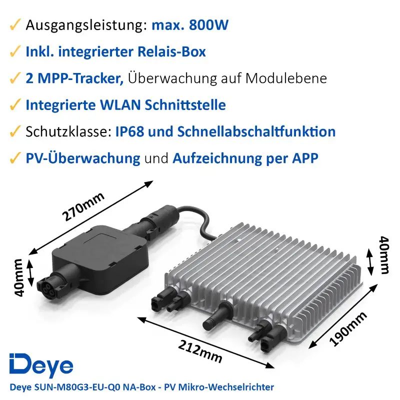 Balkonkraftwerk 800W/870Wp bifazial mit 20m Anschlusskabel Balkonkraftwerk 800W/870Wp bifazial mit 3 - 20m Anschlusskabel Deye