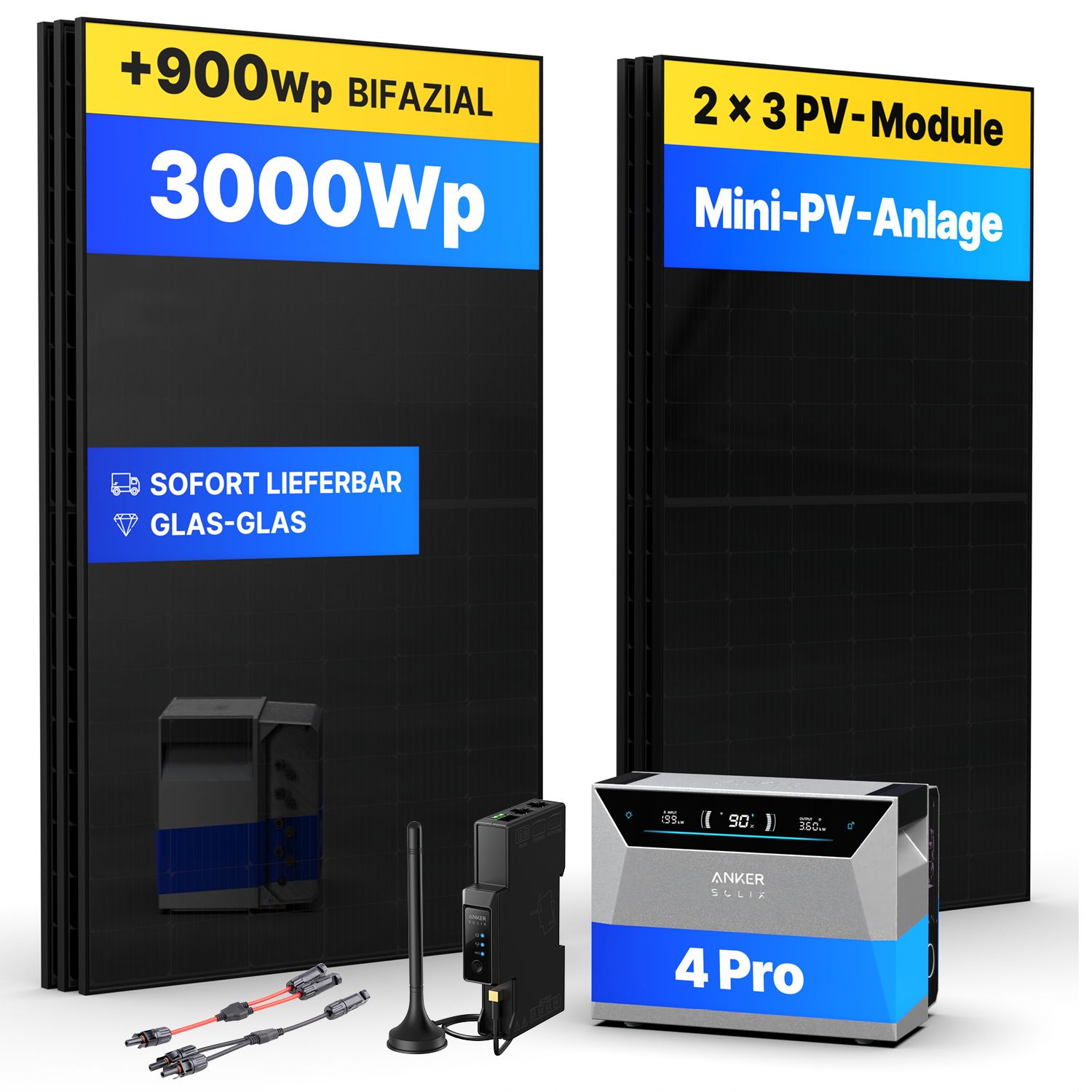 3000Wp Mini-PV-Anlage mit Anker SOLIX Solarbank 4 E5000 Pro - 30kWh - 6x500Wp 3000Wp Mini-PV-Anlage mit Anker SOLIX Solarbank 4 E5000 Pro - 30kWh - 6x500Wp