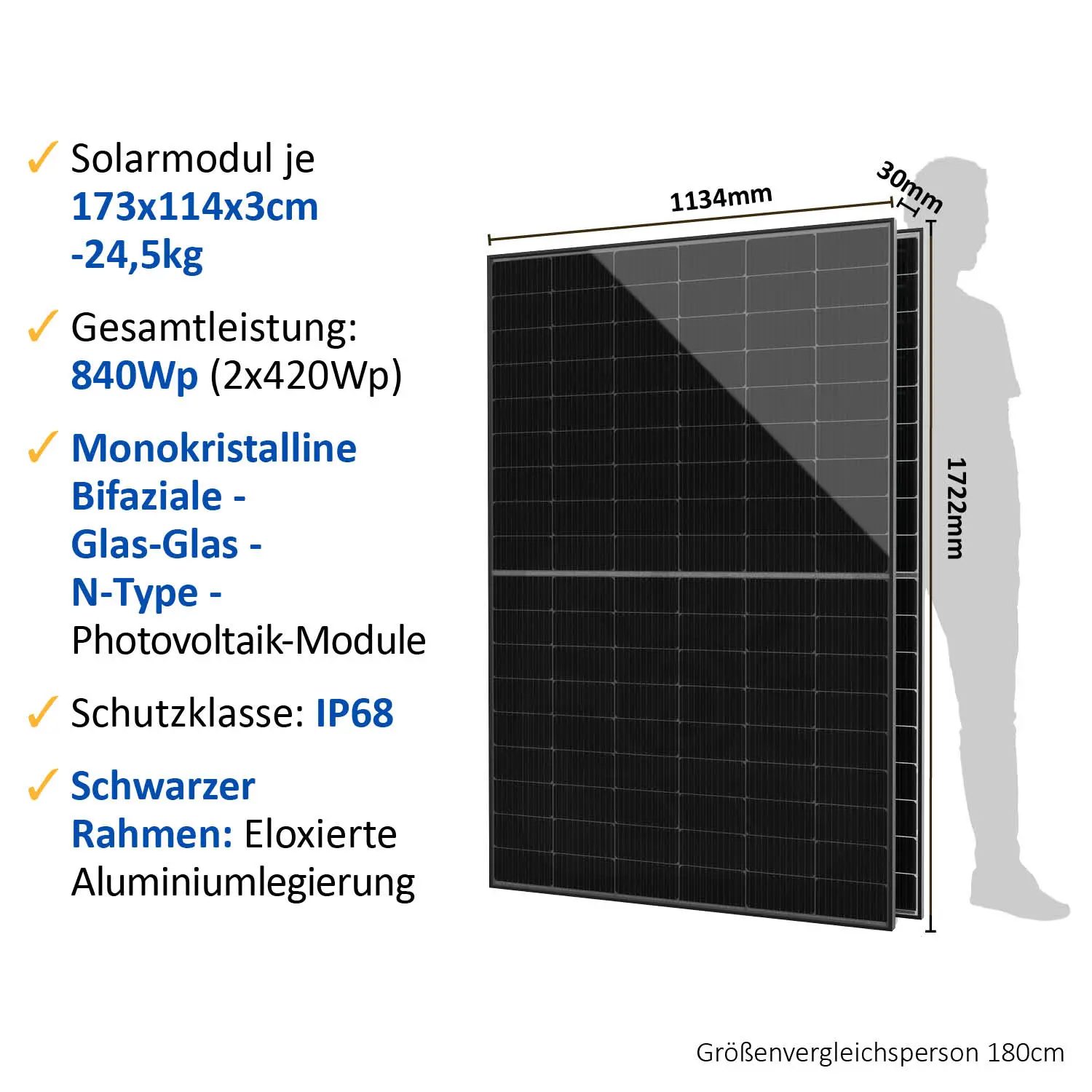 Balkonkraftwerk 800W/850Wp Black Frame - bifazial -mit 3, 5 oder 10m Anschlusskabel 